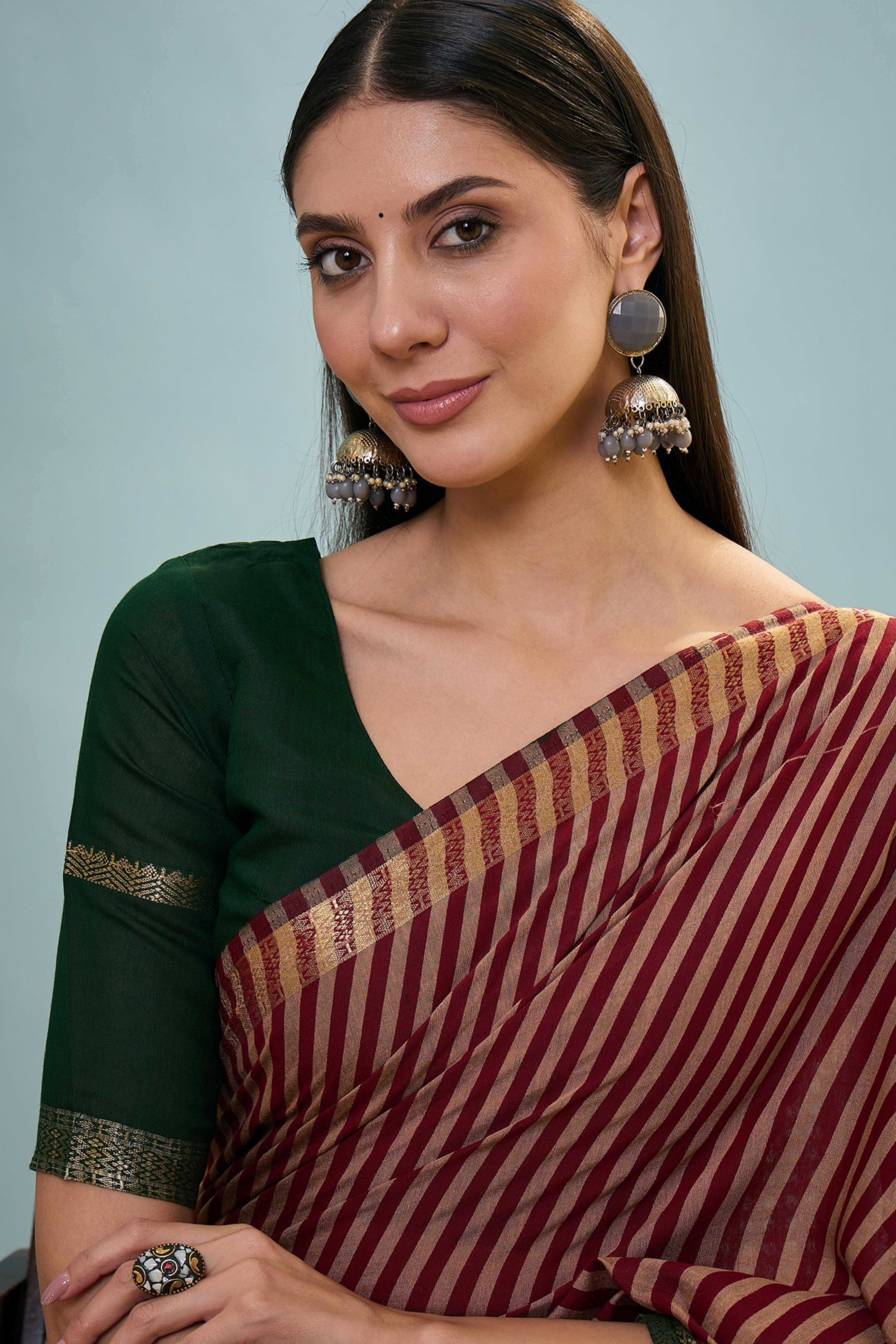 Maroon Striped Printed Viscose Saree with a Subtle Zari Finish