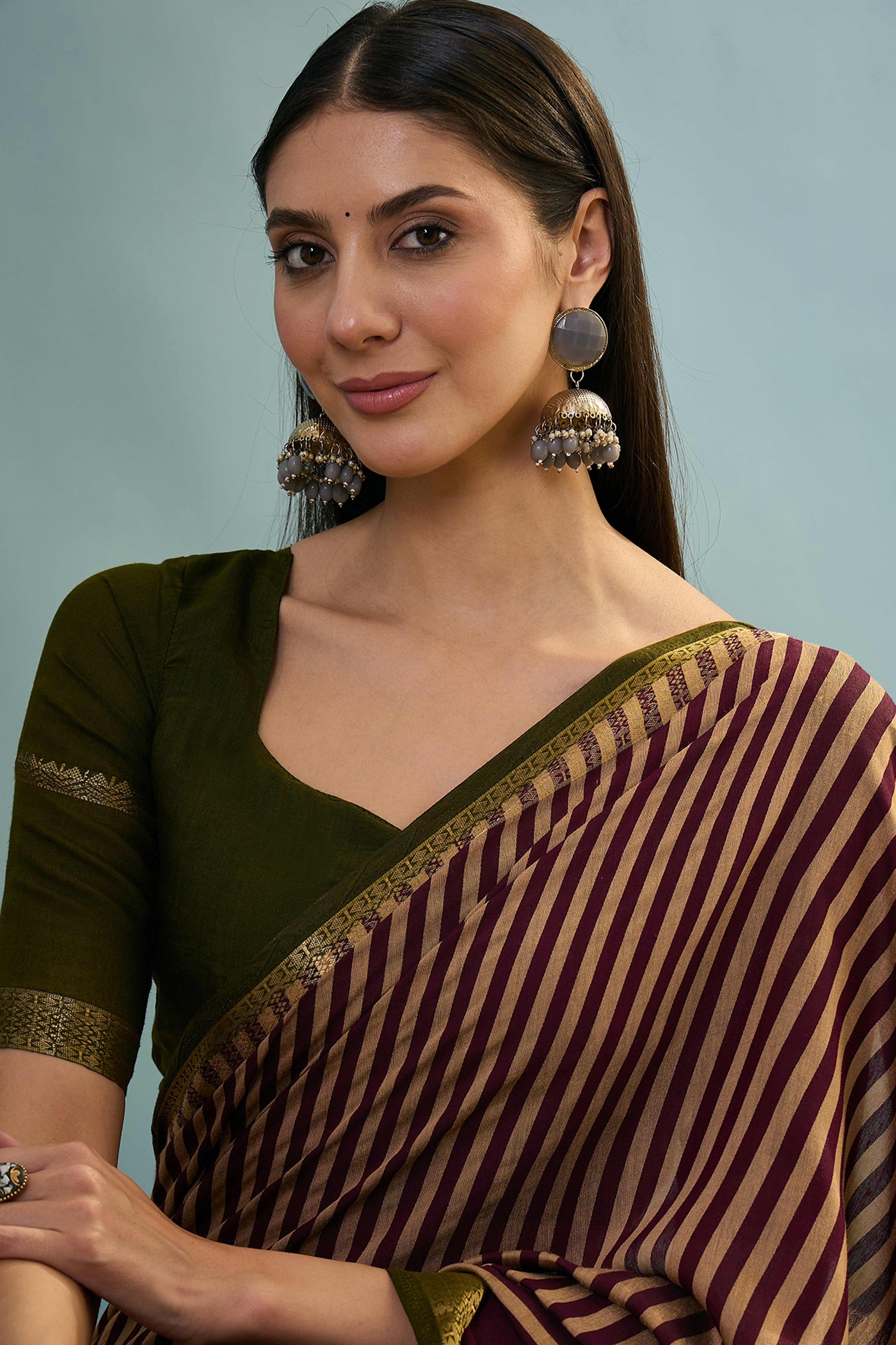 Wine Striped Printed Viscose Saree with a Subtle Zari Finish