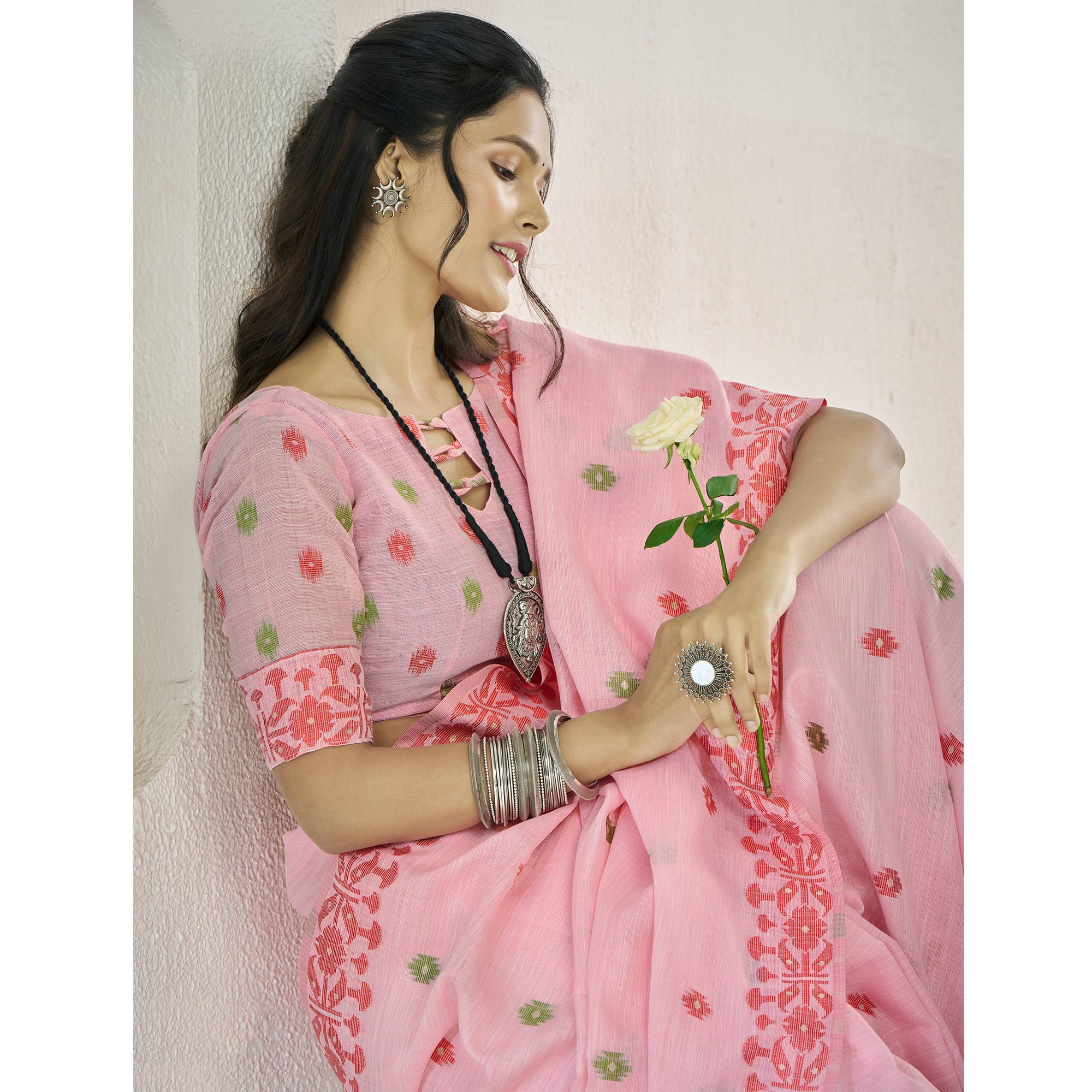Pink Floral Woven Cotton Silk Saree