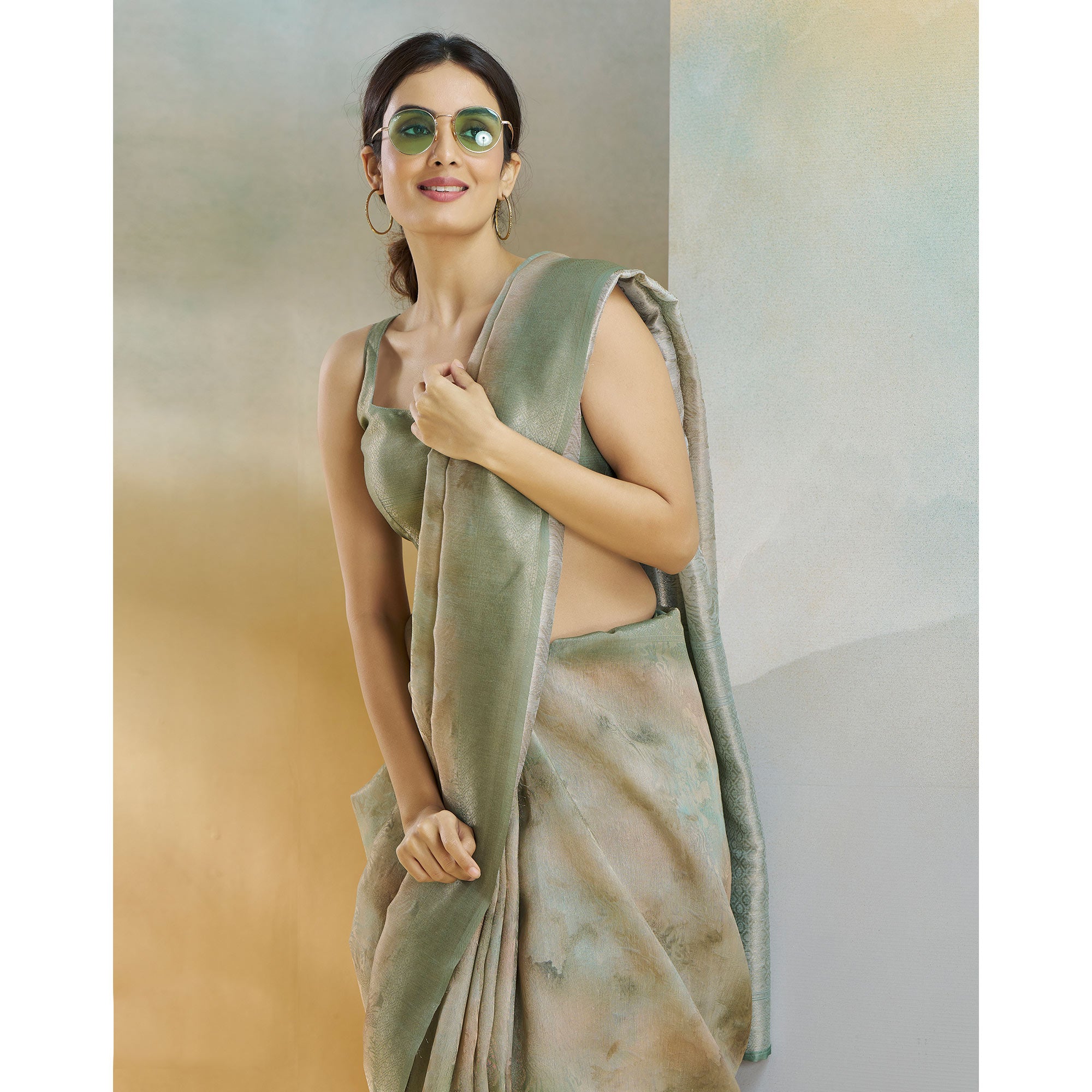 Green Woven With Digital Printed Linen Saree