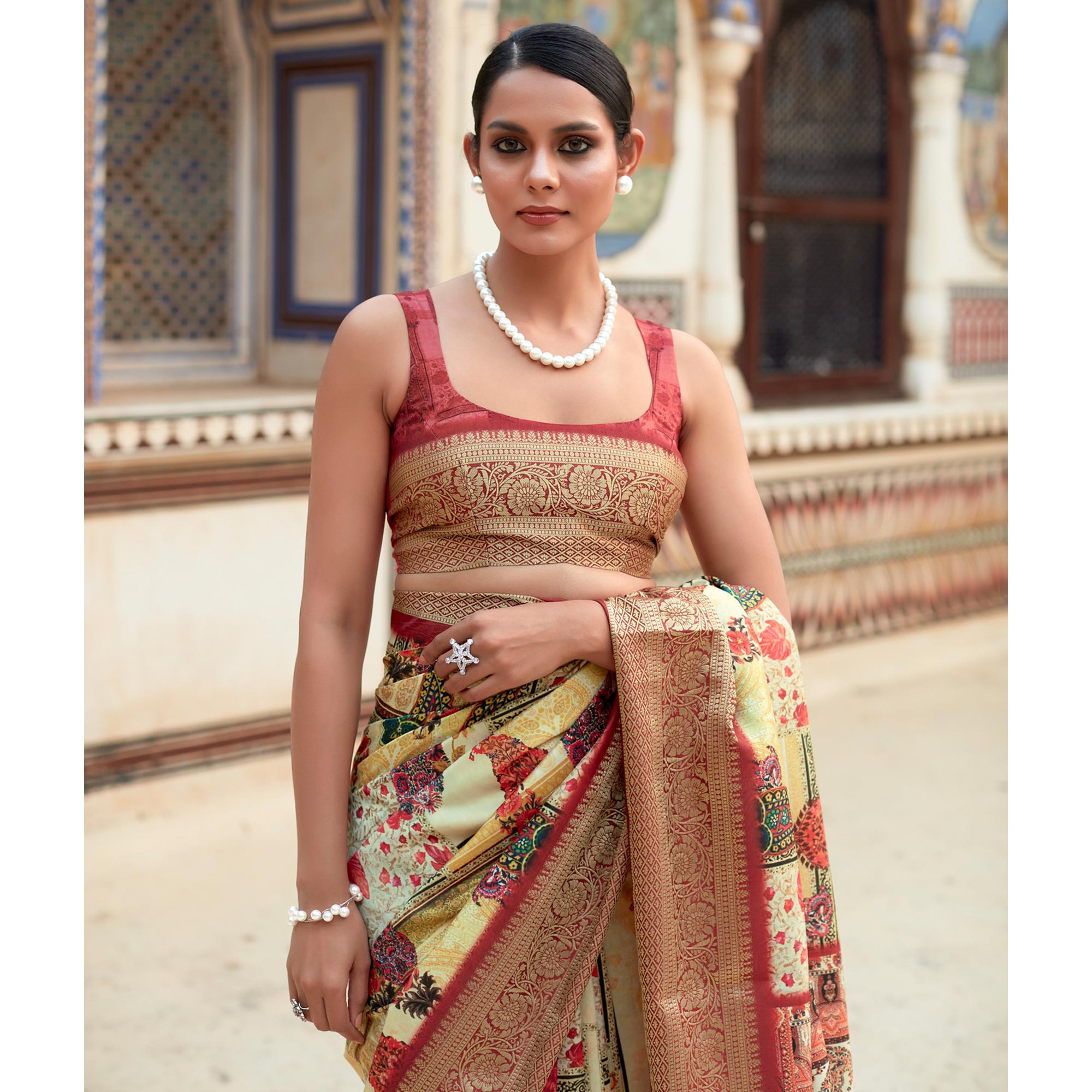 Yellow & Red Printed Dola Silk Saree