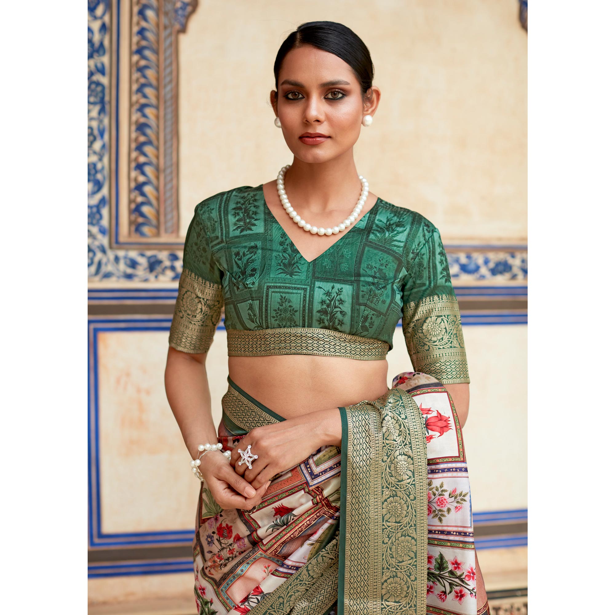 Beige & Green Printed Dola Silk Saree
