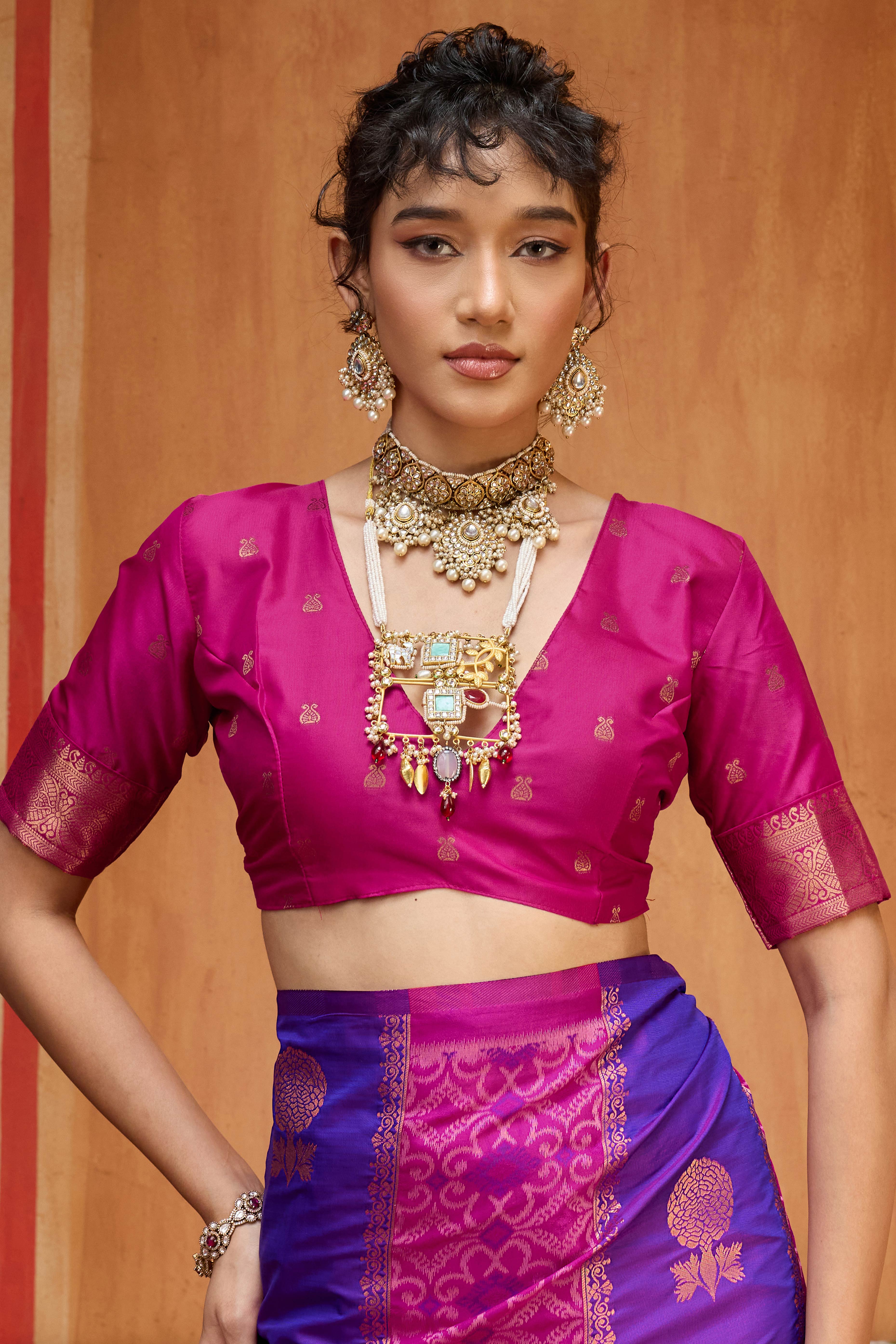 Classic Royal Purple Floral Handloom Weaving Art Silk Saree With Statement Tassel Pallu