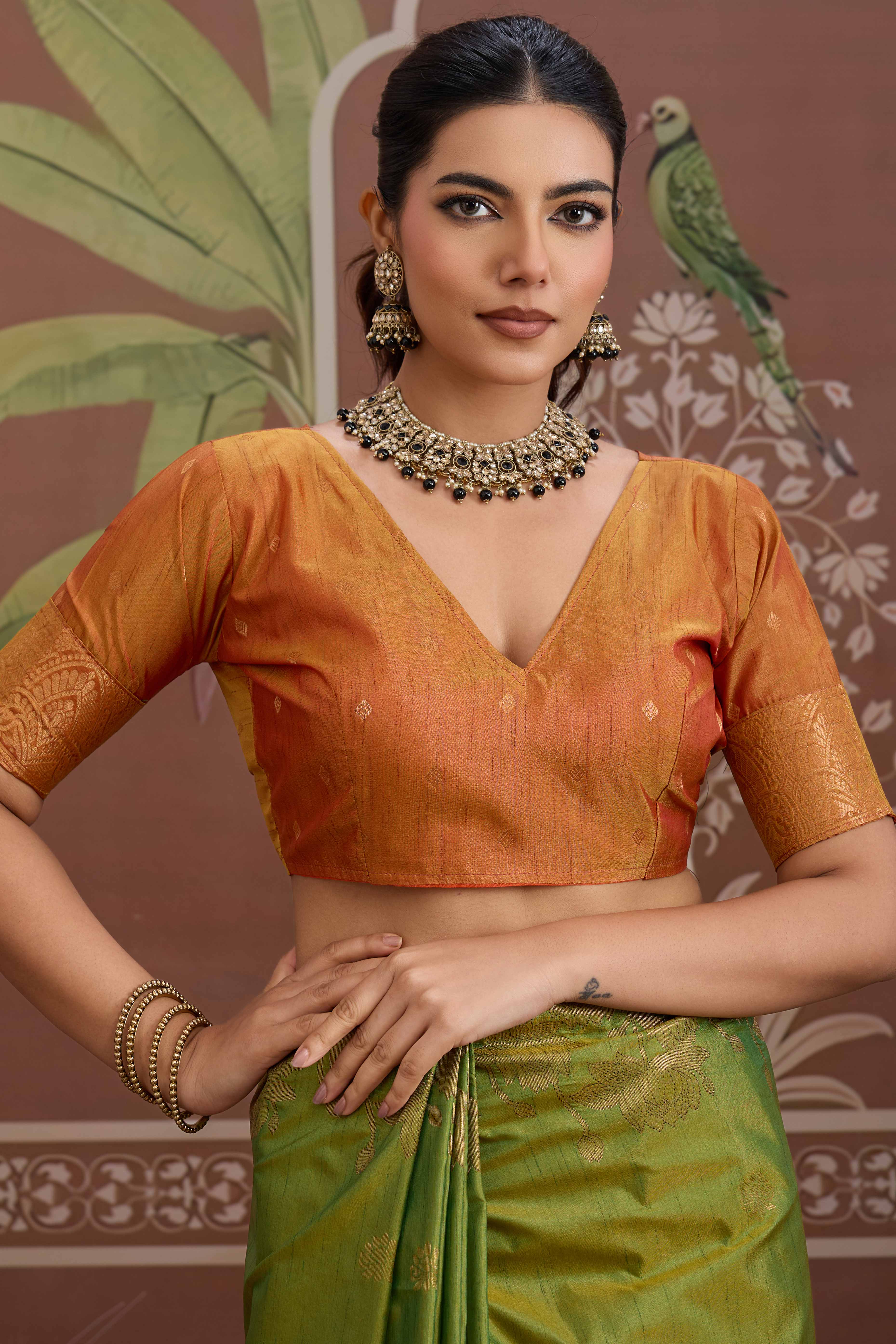 Luxury Lime Green Pichwai Style Saree in Silk Blend with Intricate Zari Work