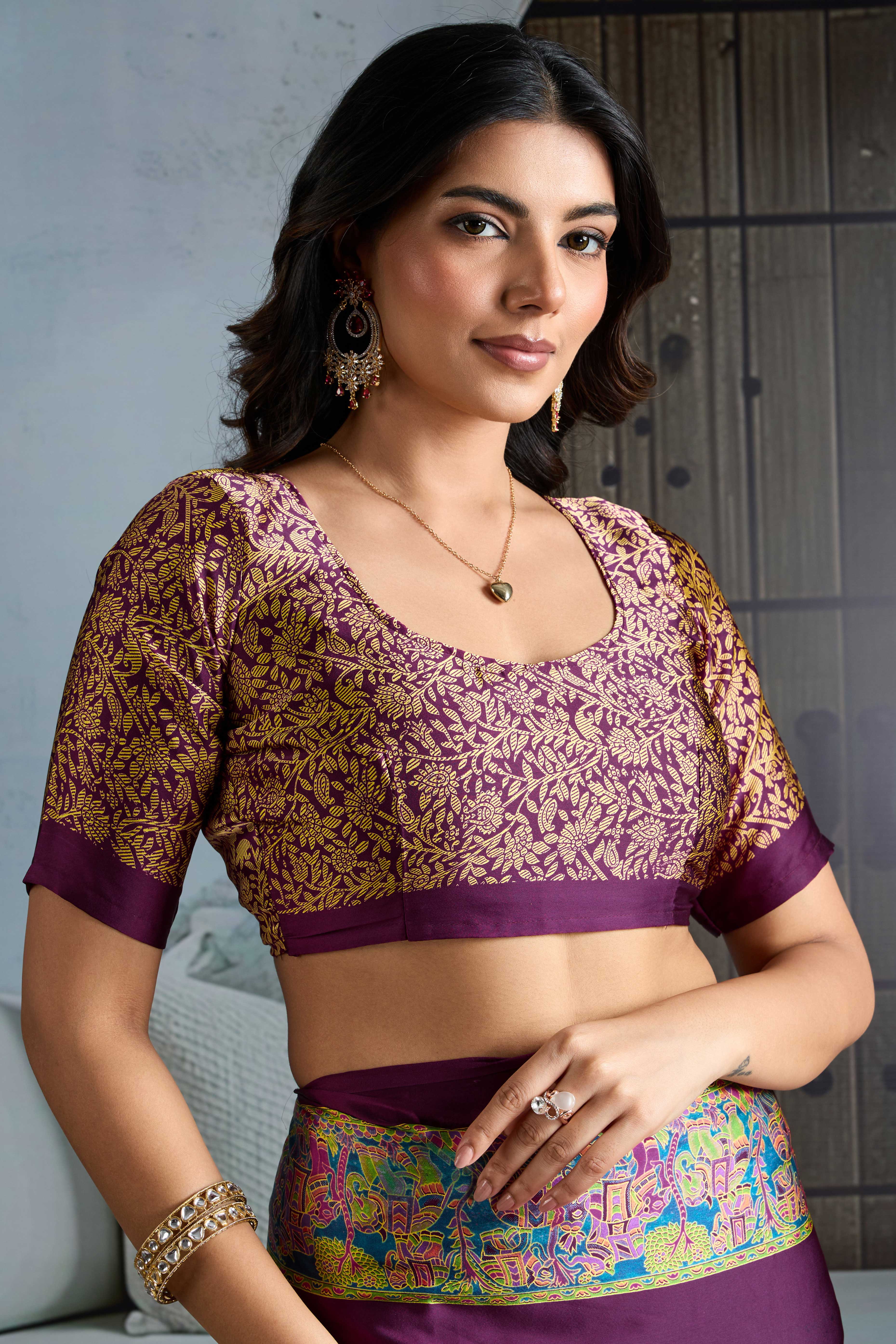 Classic Wine Solid Modal Satin Saree With Multicolor Traditional Folk Art Printed Border & Pallu