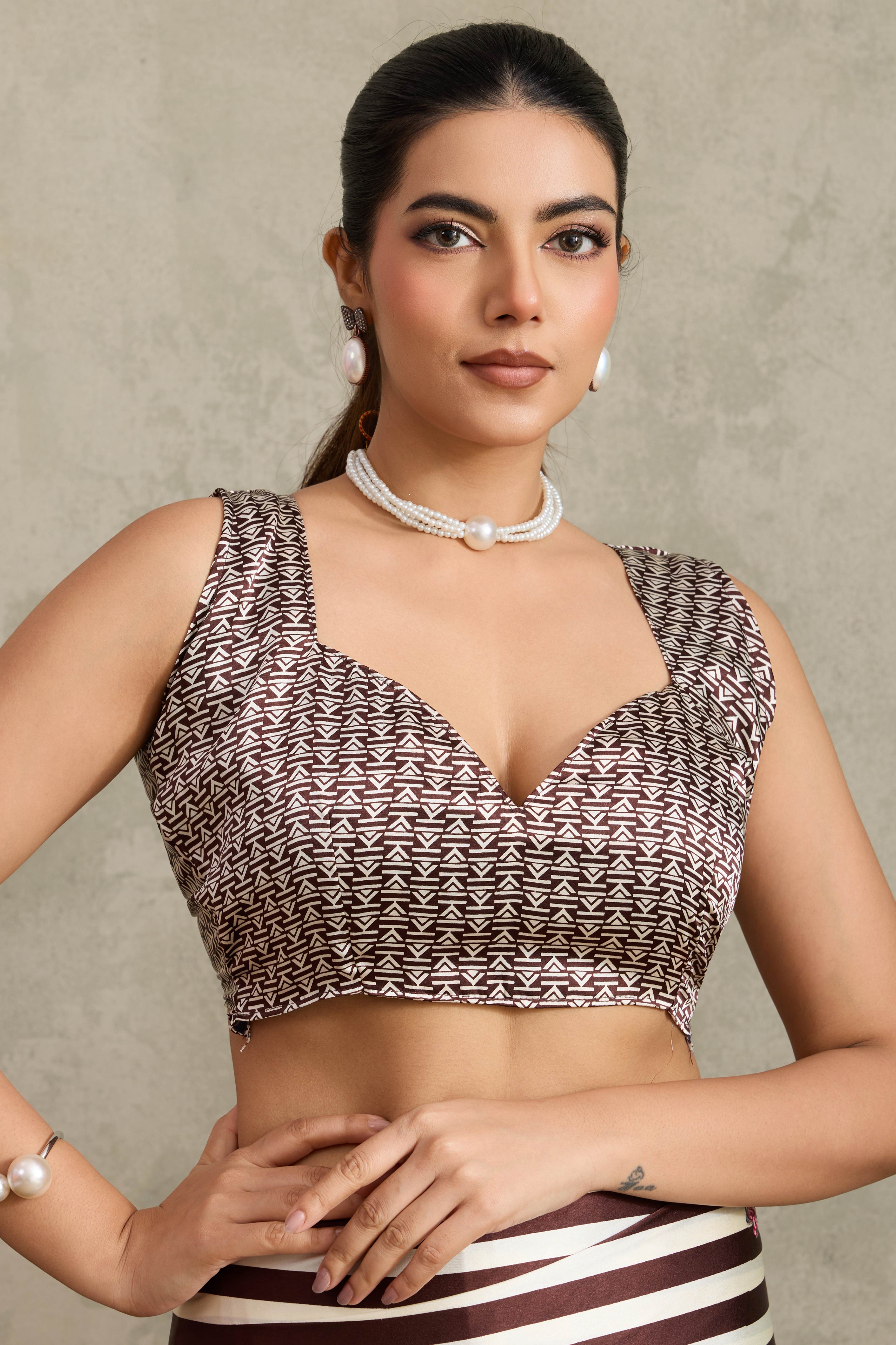 Brown Elegant Ajrakh Printed Modal Satin Saree Designed for Festive & Party Occasions