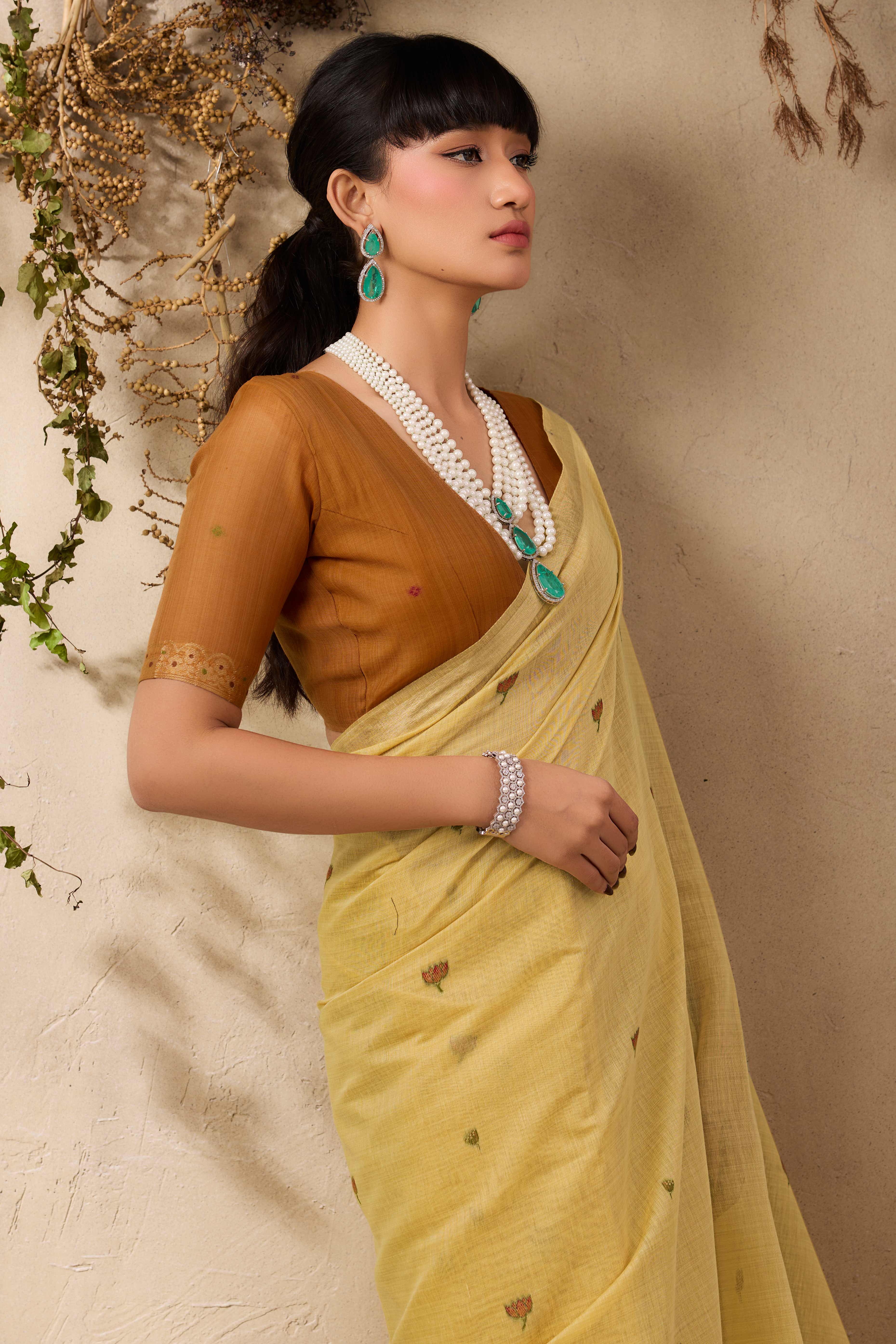 Yellow Lightweight Handloom Munga Cotton Blend Saree Accented with Floral Woven Motifs