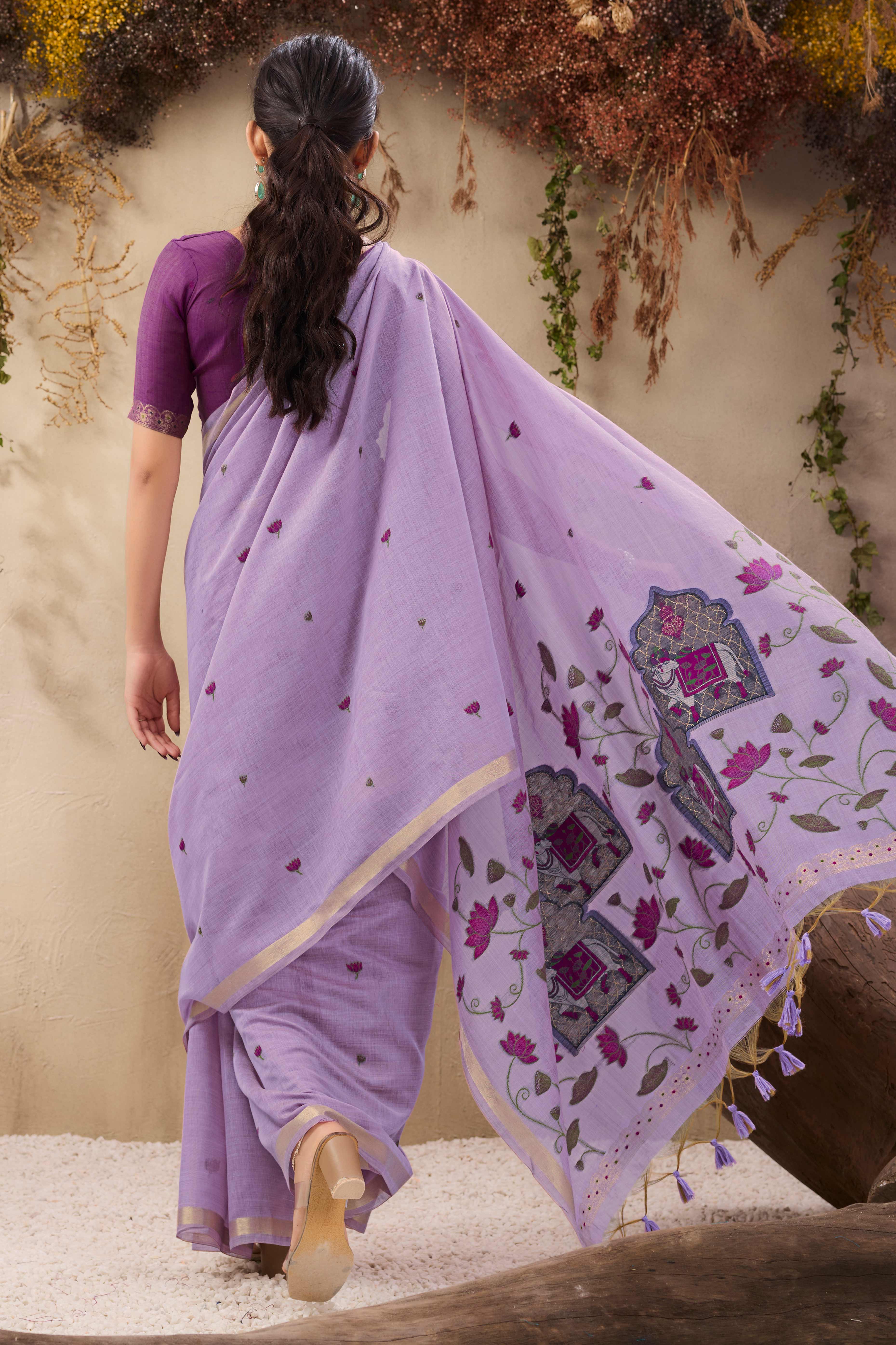 Purple Lightweight Handloom Munga Cotton Blend Saree Accented with Floral Woven Motifs