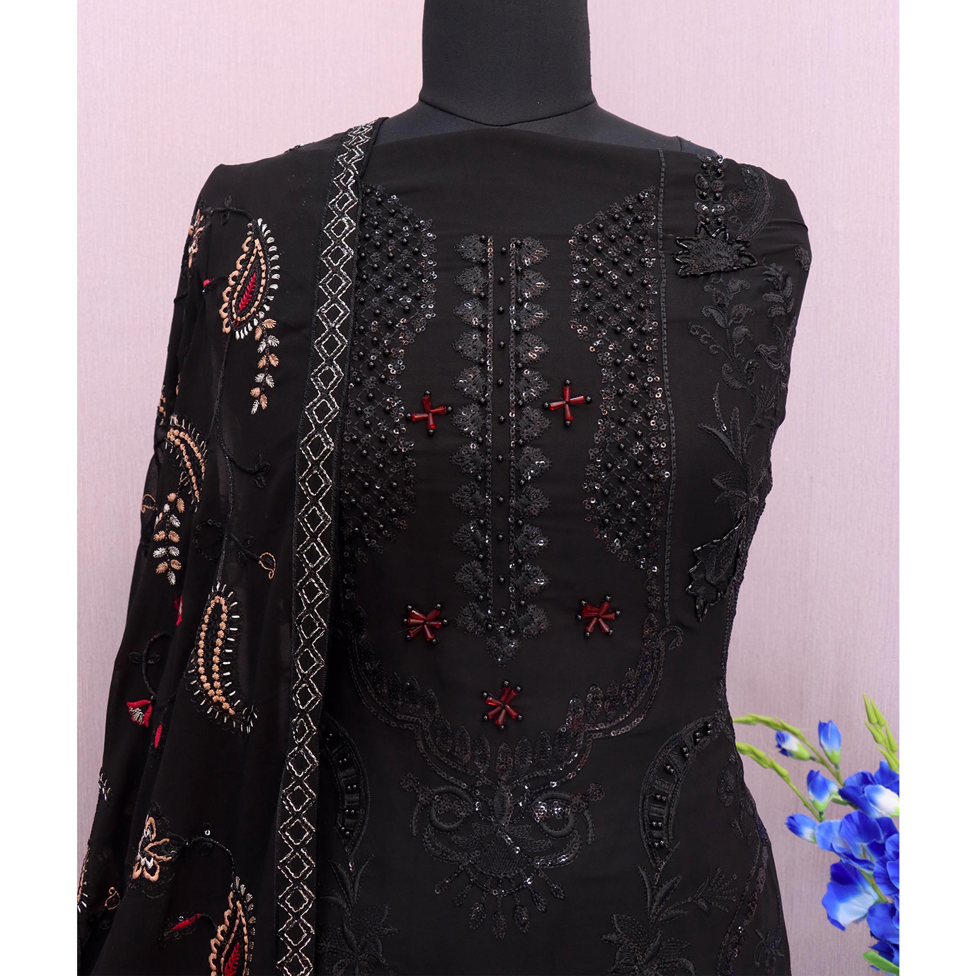 Black Embroidered Georgette Semi Stitched Pakistani Suit
