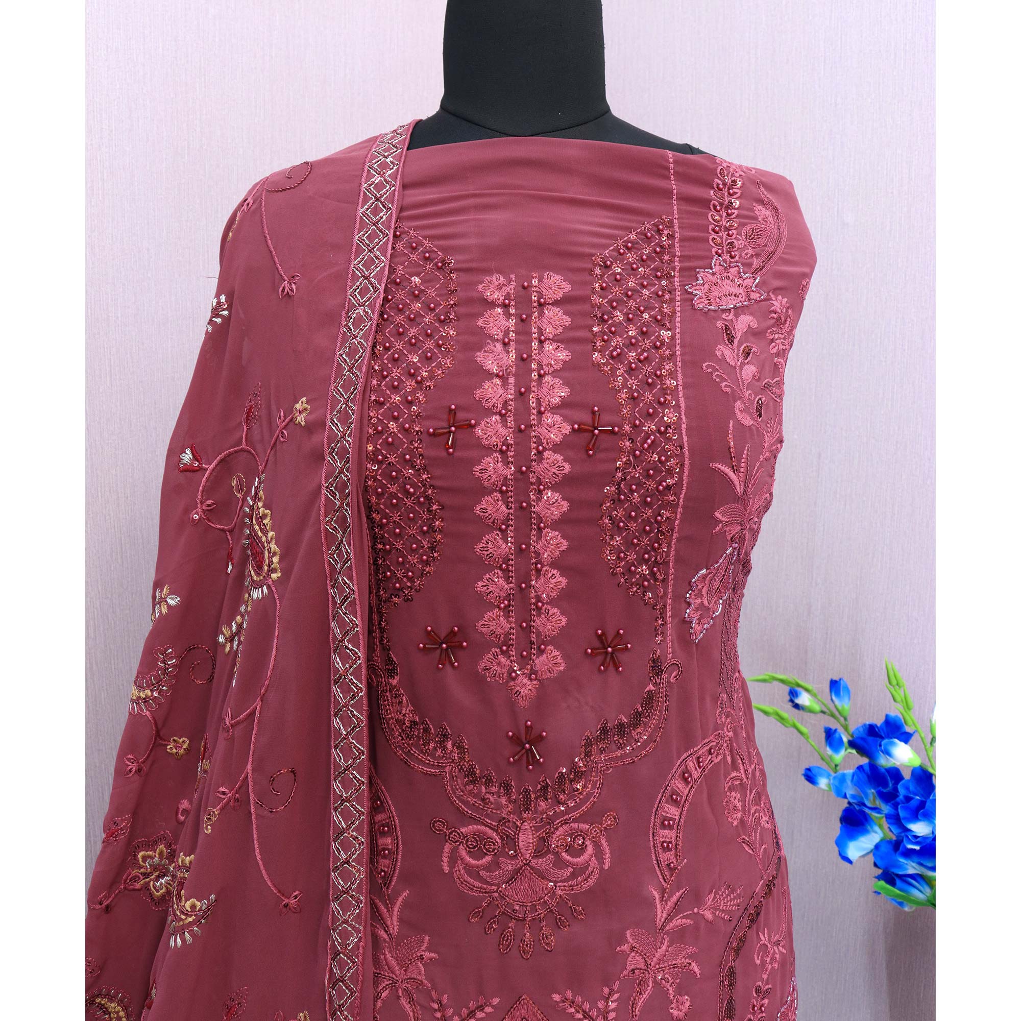 Mauve Embroidered Georgette Semi Stitched Pakistani Suit