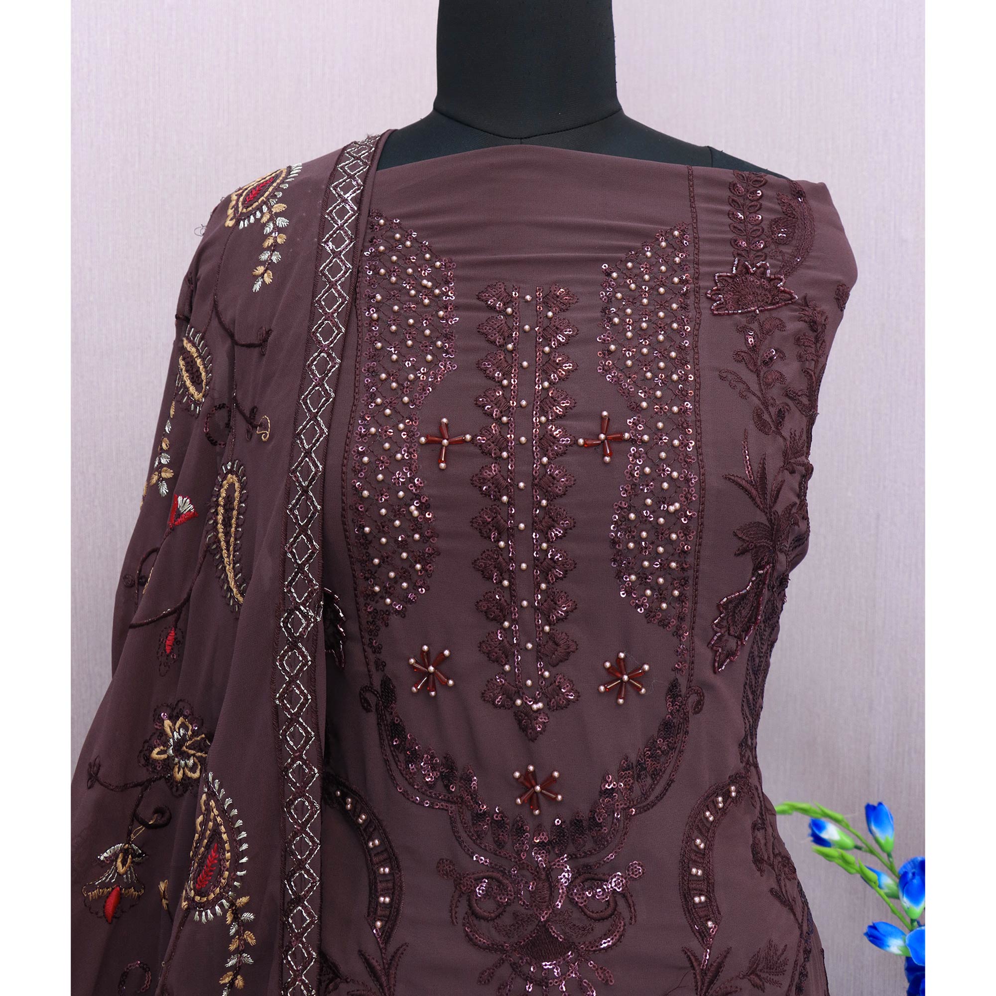 Wine Embroidered Georgette Semi Stitched Pakistani Suit