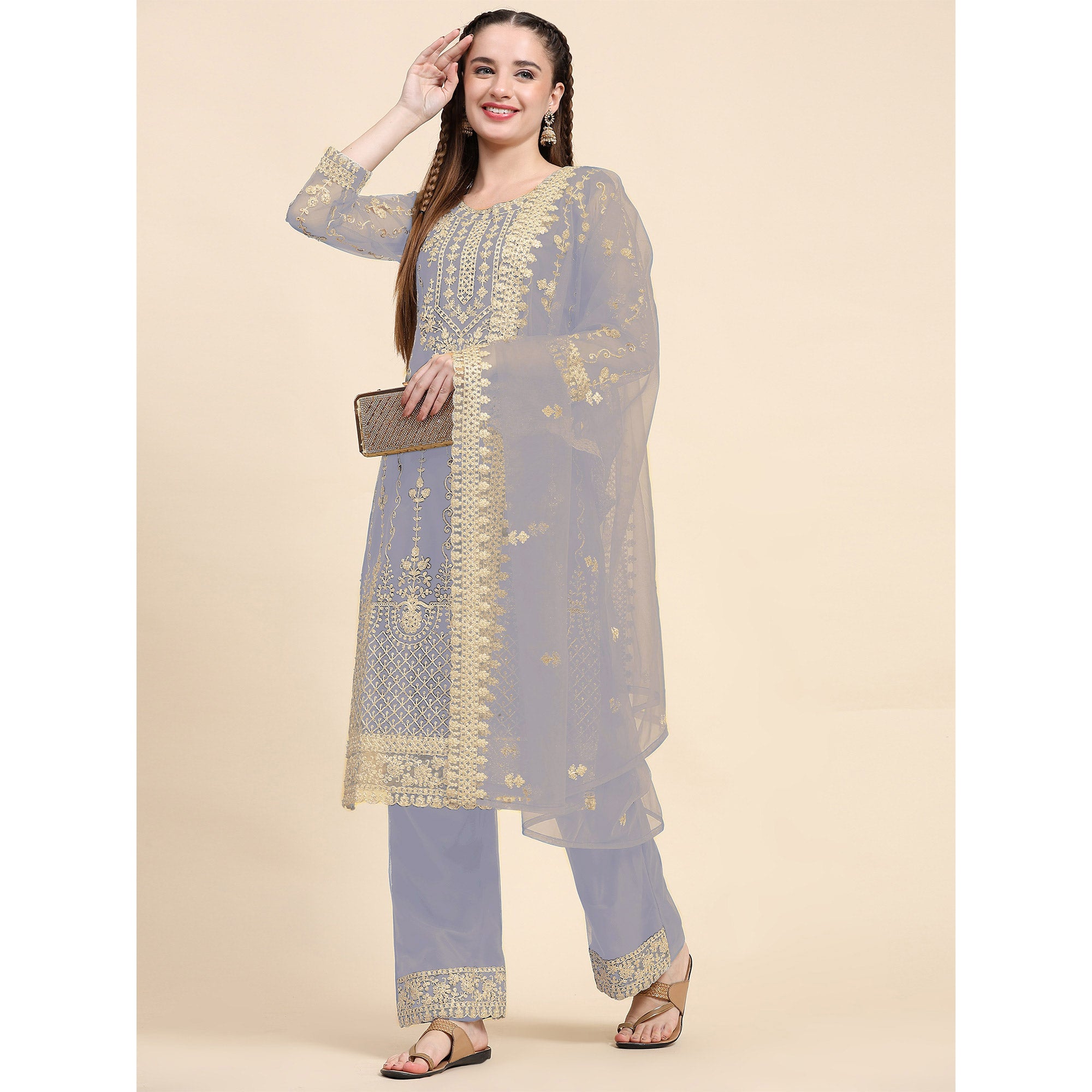 Grey Sequins Embroidered Net Semi Stitched Pakistani Suit