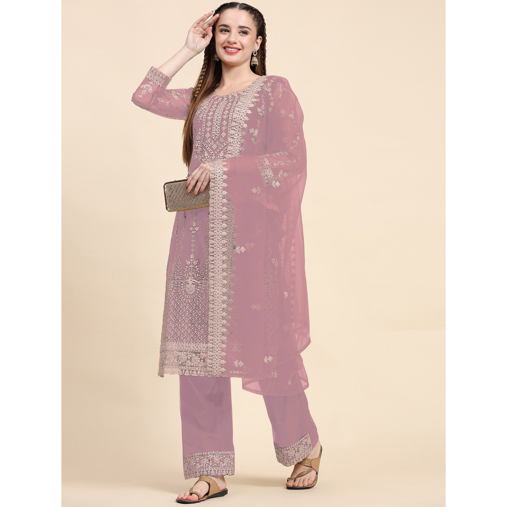 Pastel Pink Sequins Embroidered Net Semi Stitched Pakistani Suit