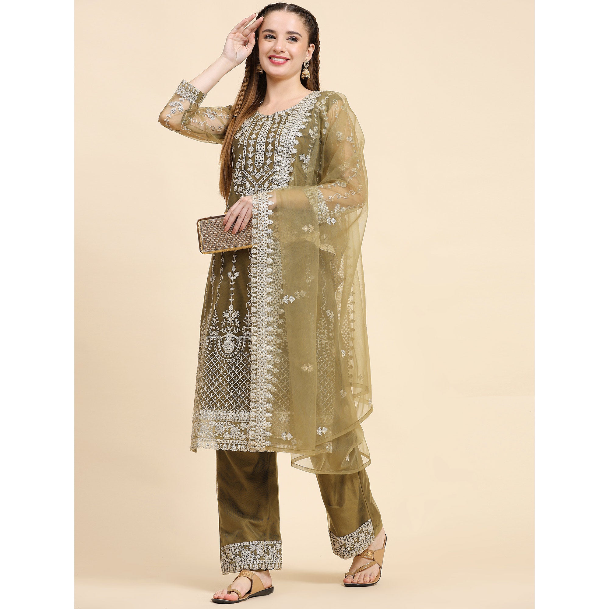 Mehndi Green Sequins Embroidered Net Semi Stitched Pakistani Suit