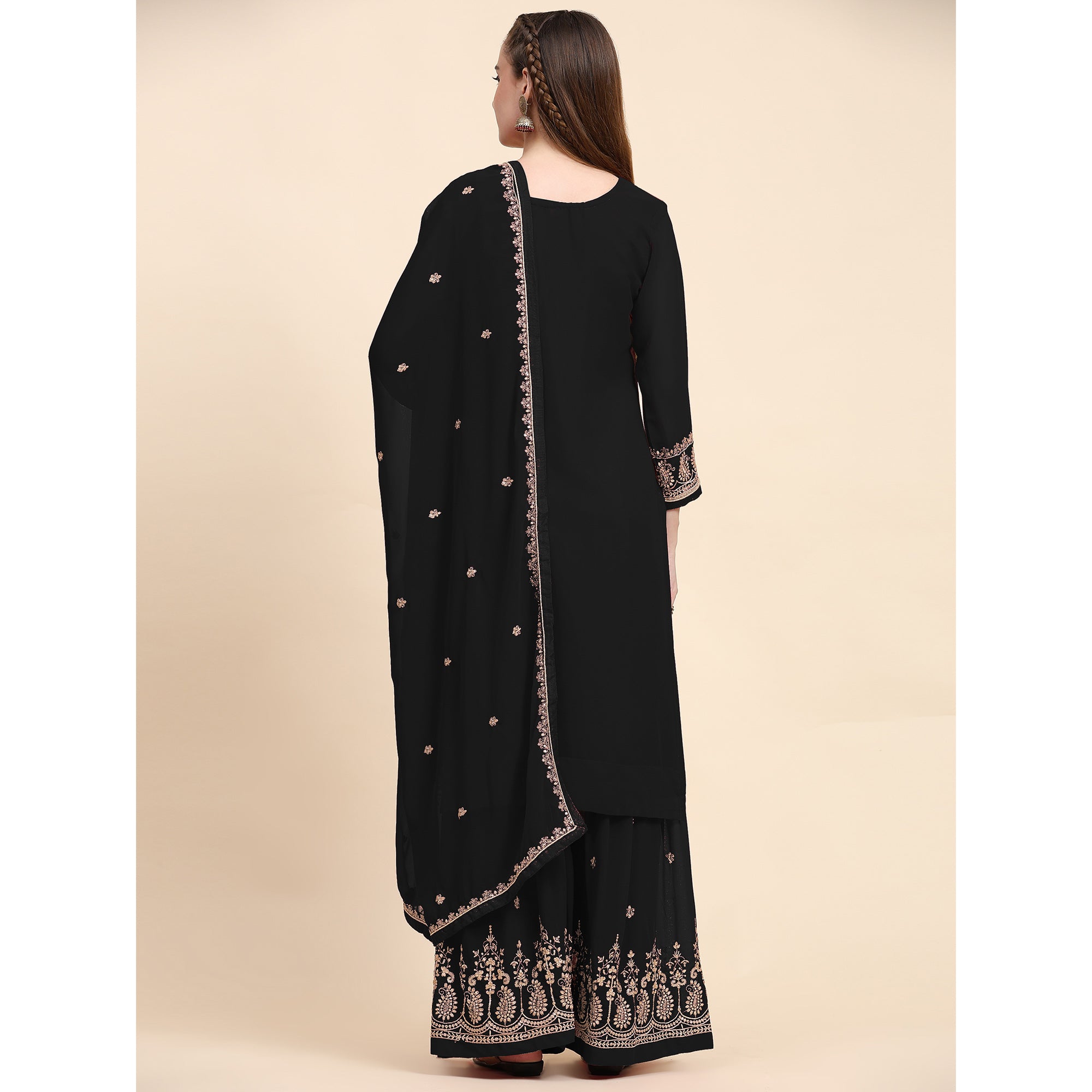 Black Floral Embroidered Georgette Semi Stitched Suit