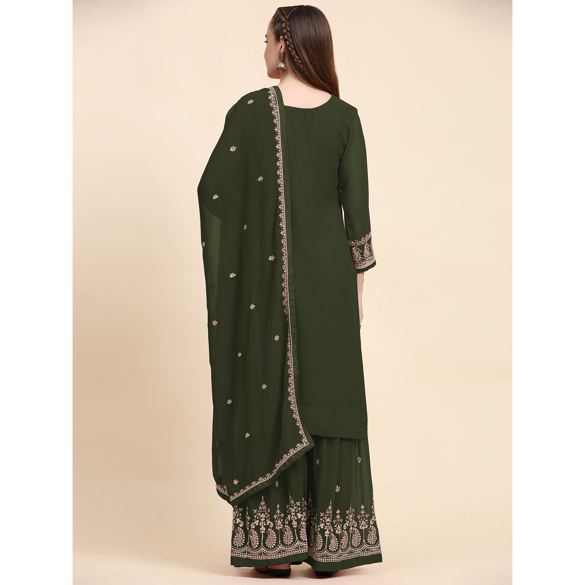 Green Floral Embroidered Georgette Semi Stitched Suit