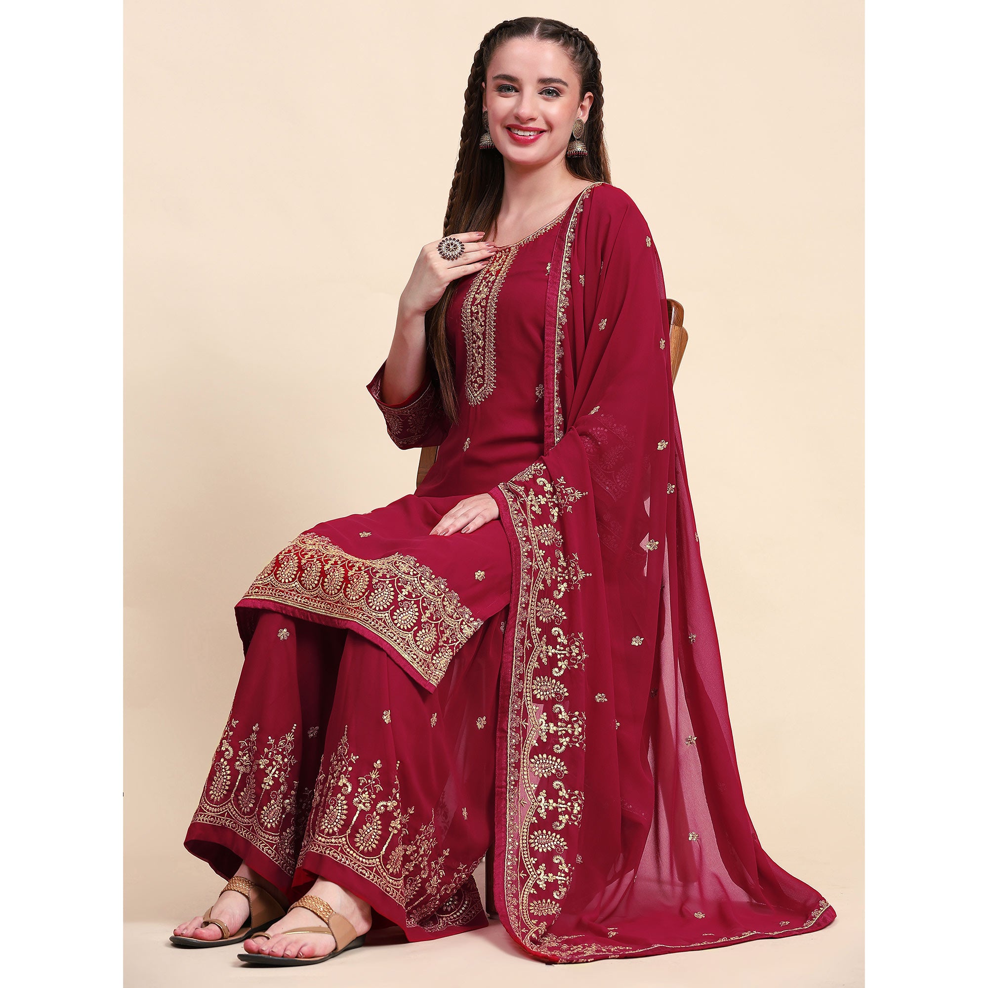 Maroon Floral Embroidered Georgette Semi Stitched Suit