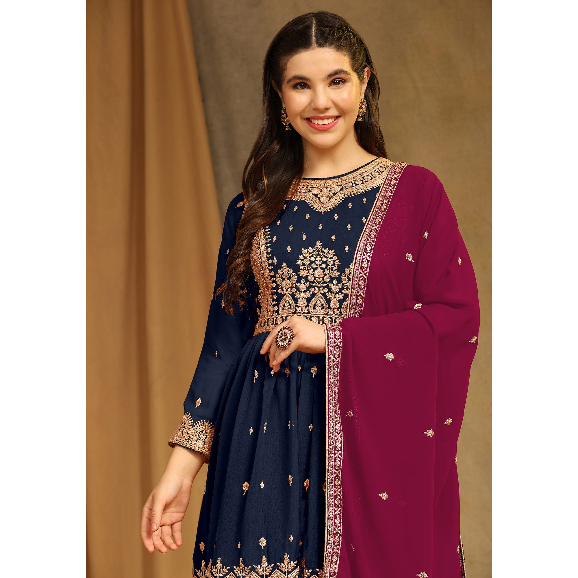 Blue Floral Embroidered Georgette Semi Stitched Sharara Suit