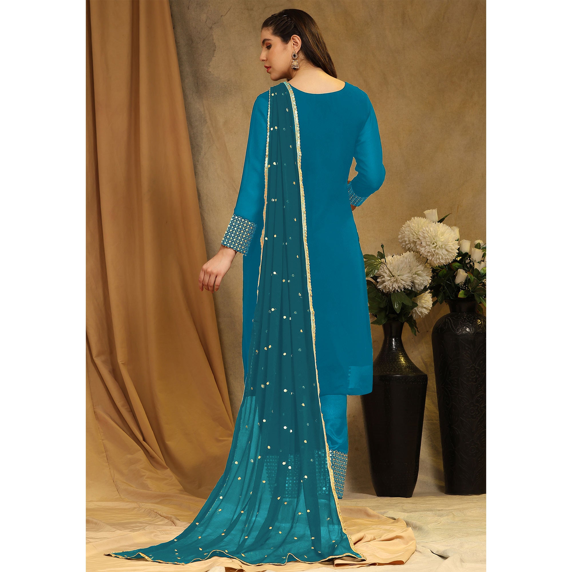 Rama Blue Sequins Embroidered Georgette Semi Stitched Salwar Suit