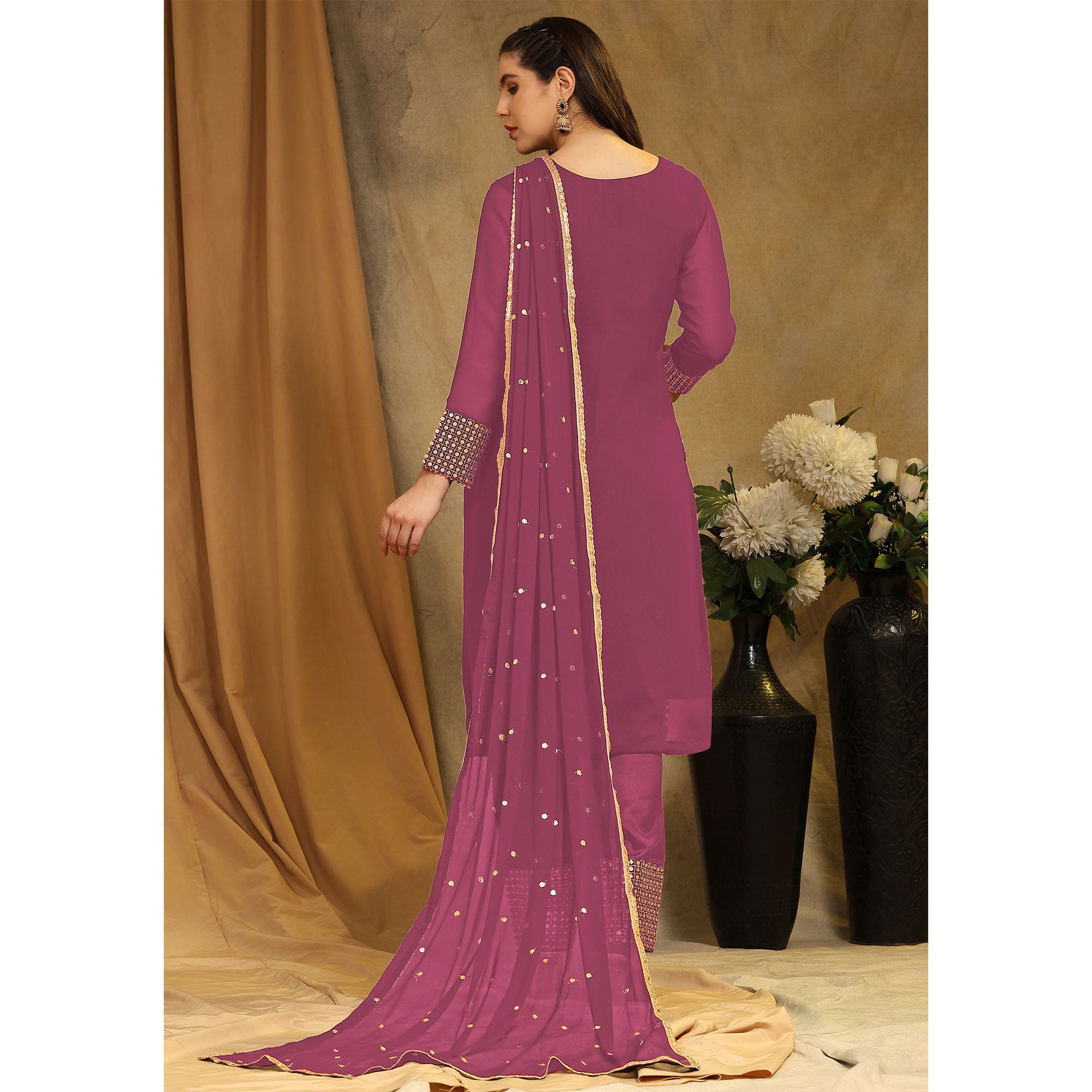 Pink Sequins Embroidered Georgette Semi Stitched Salwar Suit