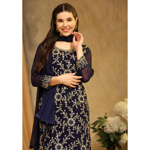 Blue Floral Embroidered Georgette Semi Stitched Suit