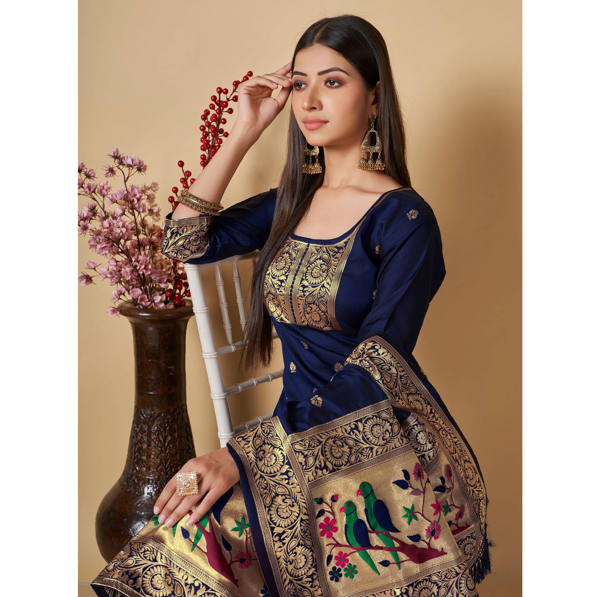 Navy Blue Floral Woven Banarasi Silk Paithani Dress Material