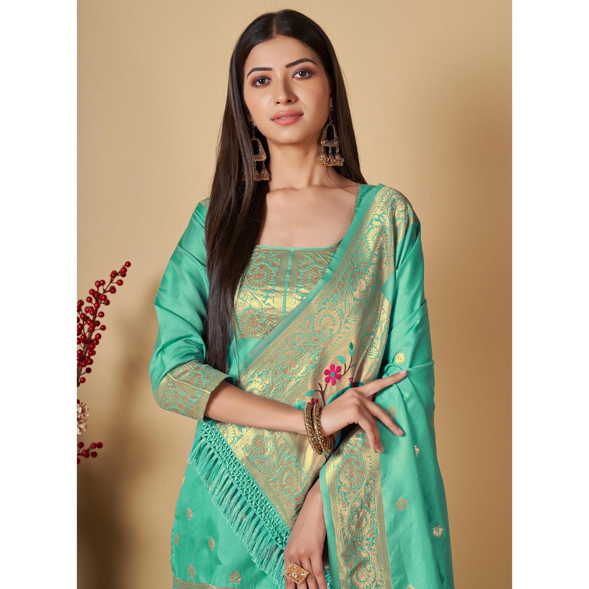 Sea Green Floral Woven Banarasi Silk Paithani Dress Material