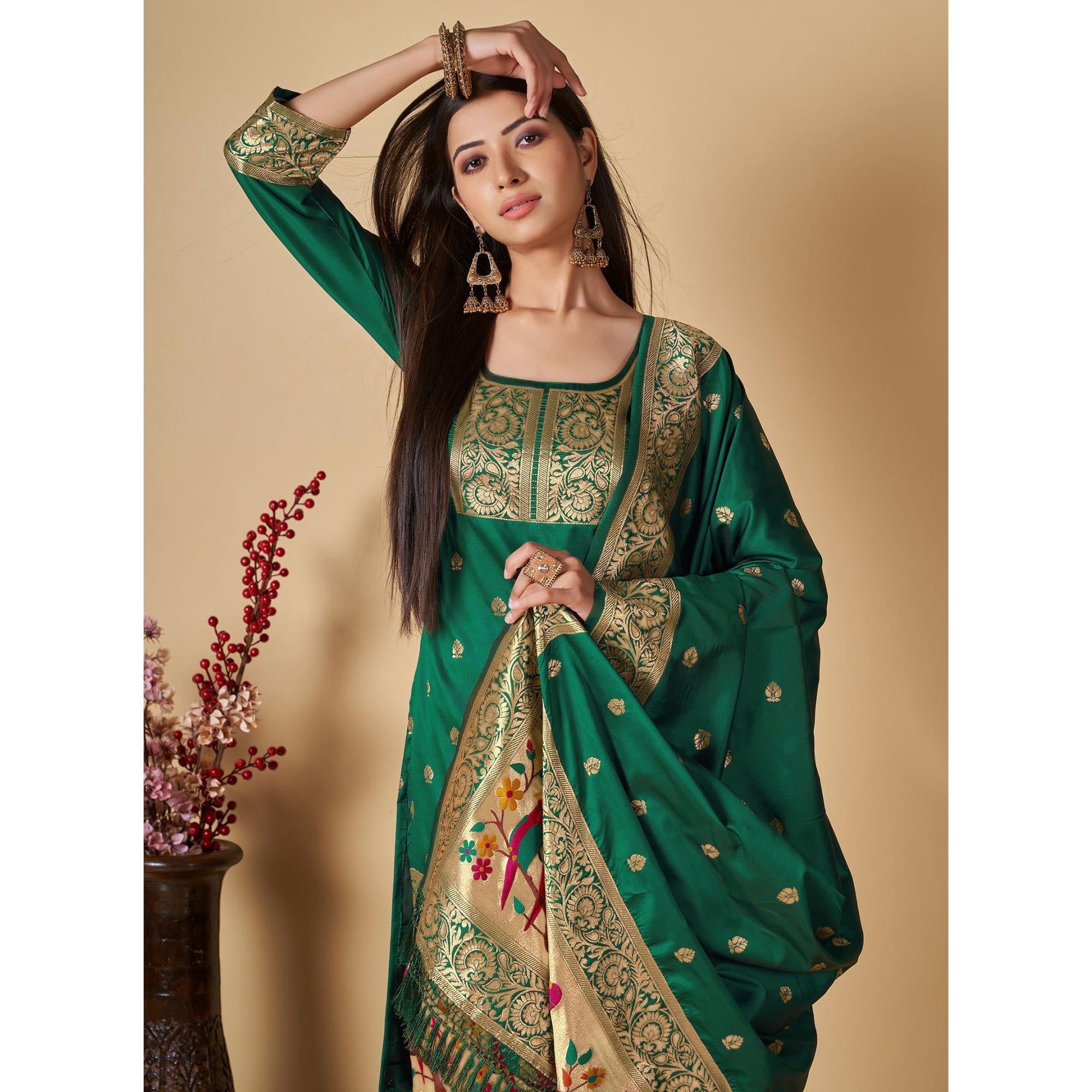 Green Floral Woven Banarasi Silk Paithani Dress Material