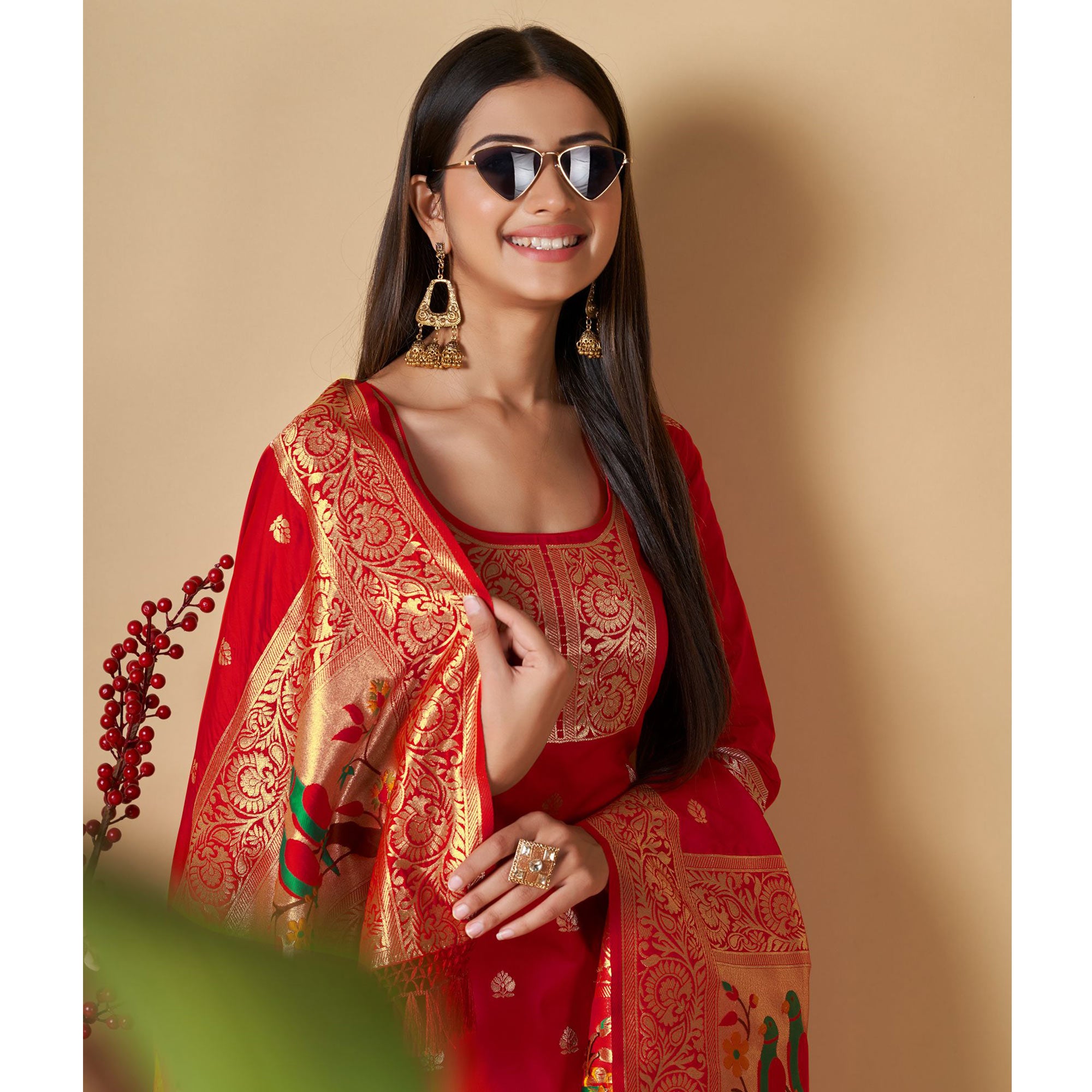 Red Floral Woven Banarasi Silk Paithani Dress Material