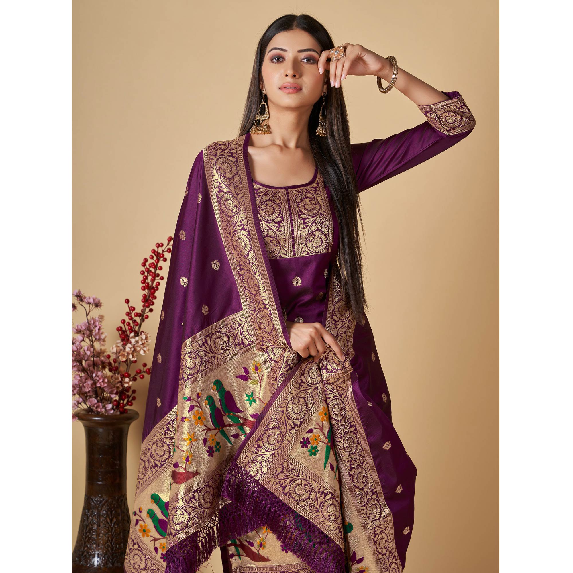 Purple Floral Woven Banarasi Silk Paithani Dress Material