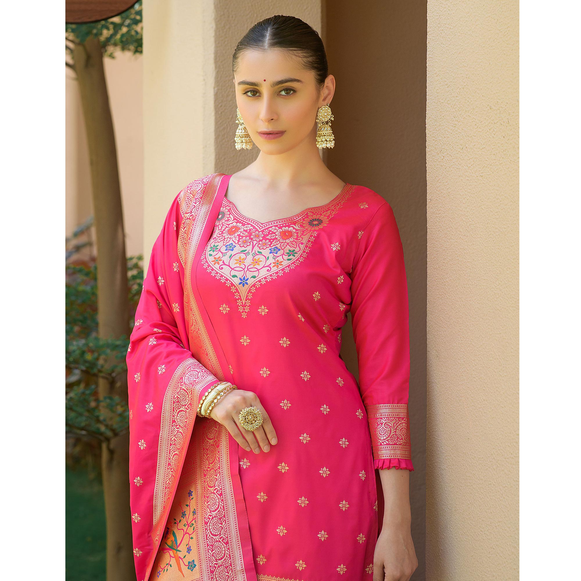 Pink Floral Woven Banarasi Silk Paithani Dress Material