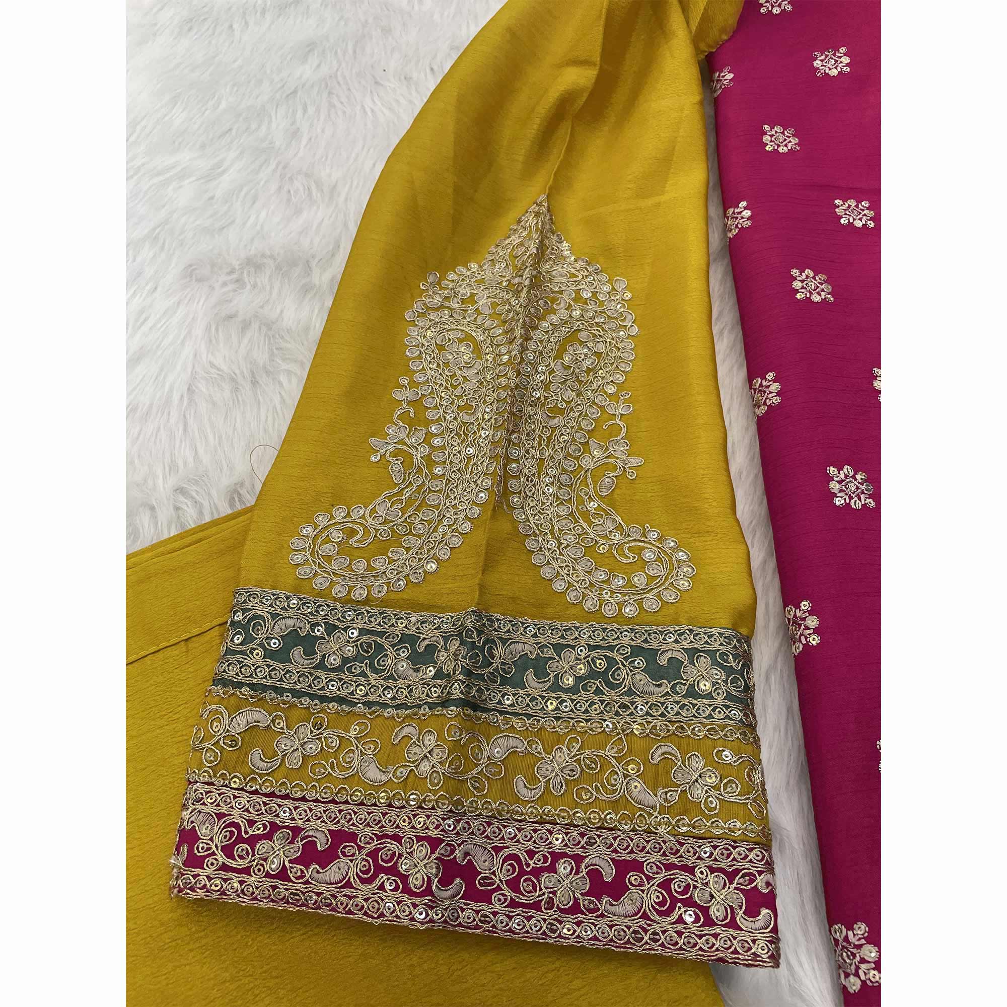 Mustard Embroidered Sequins Work Chinon Semi-Stitched Salwar Suit