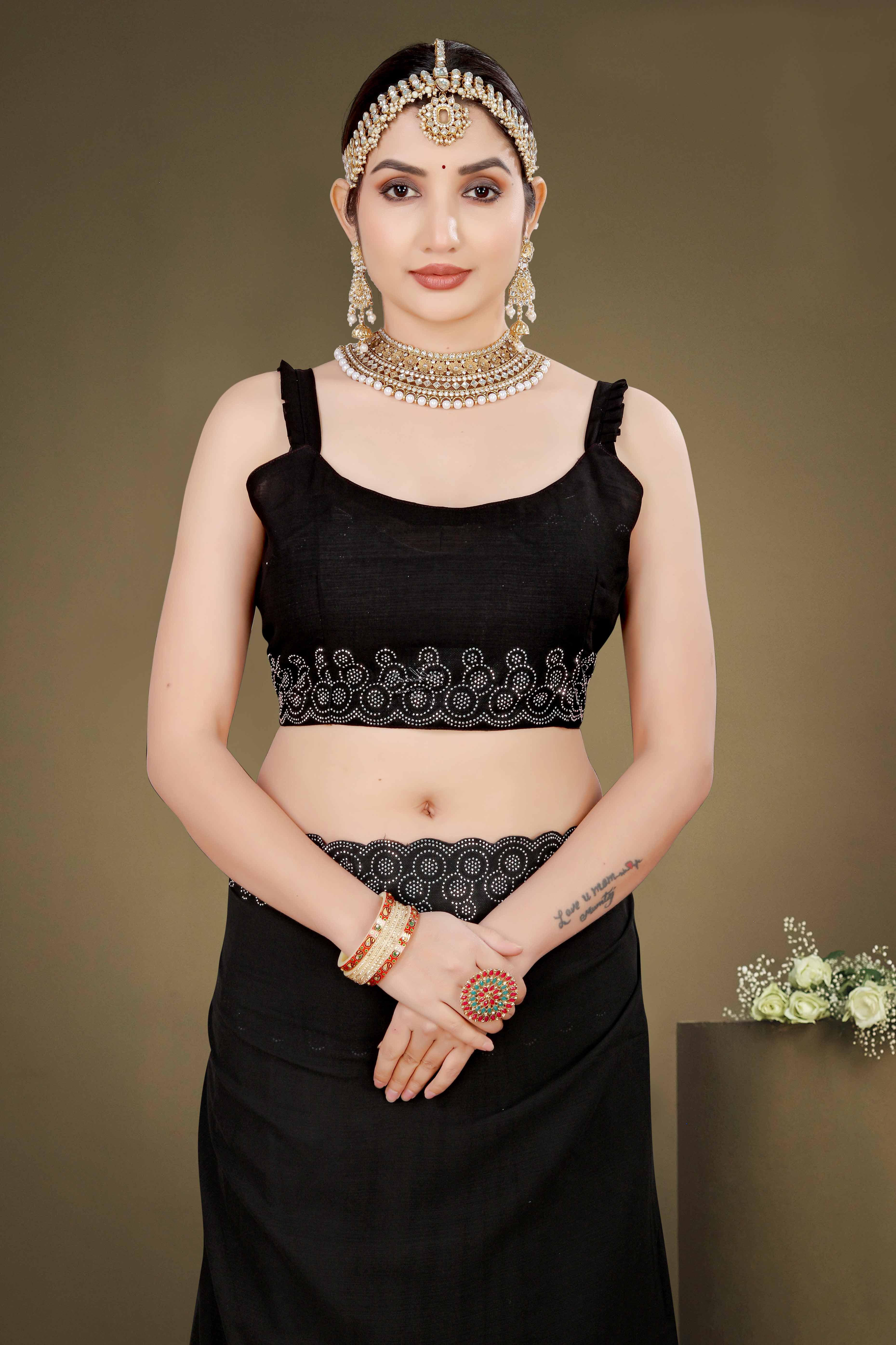 Black Solid With Swarovski Work Chiffon Saree