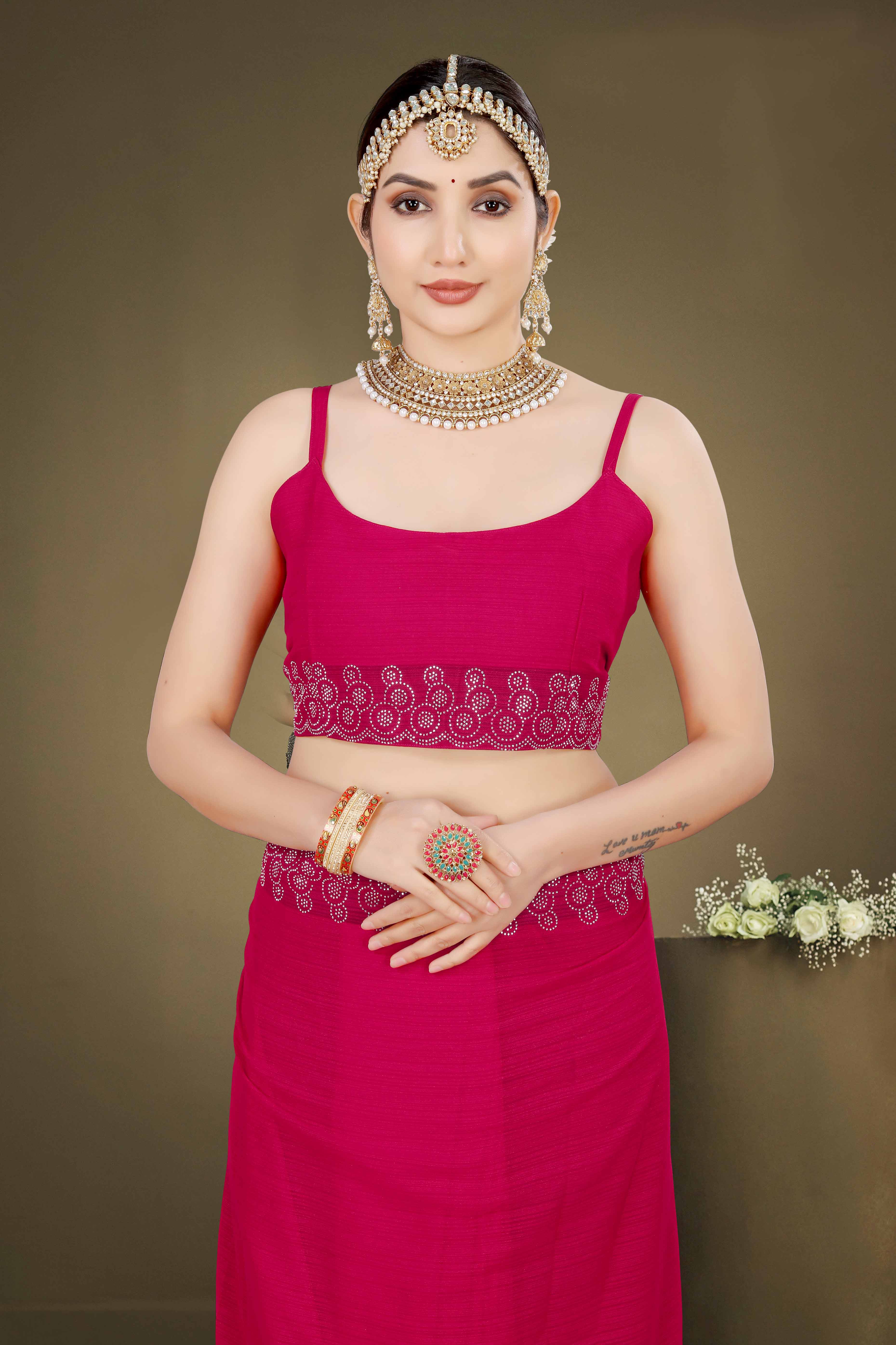 Rani Pink Solid With Swarovski Work Chiffon Saree