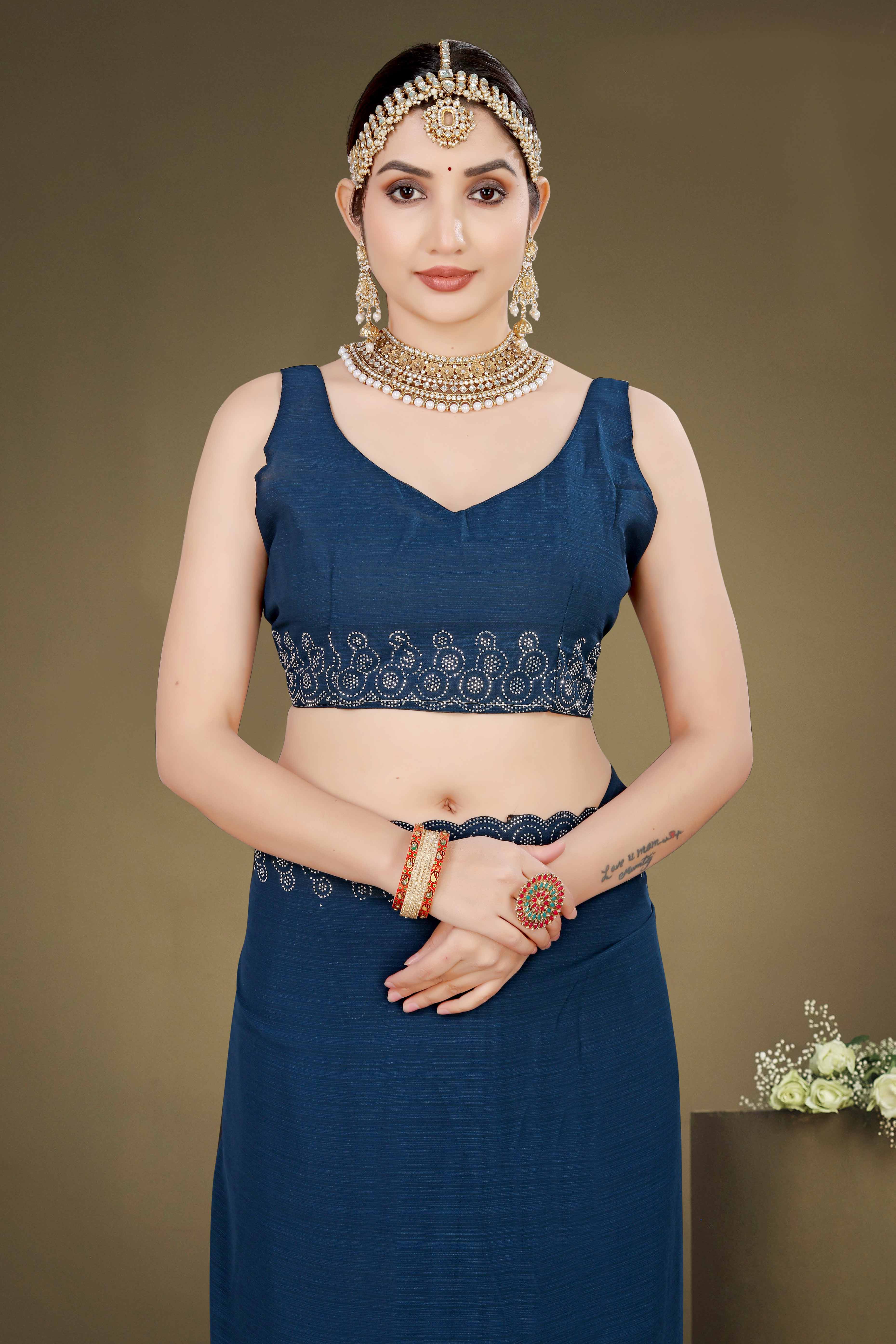 Blue Solid With Swarovski Work Chiffon Saree