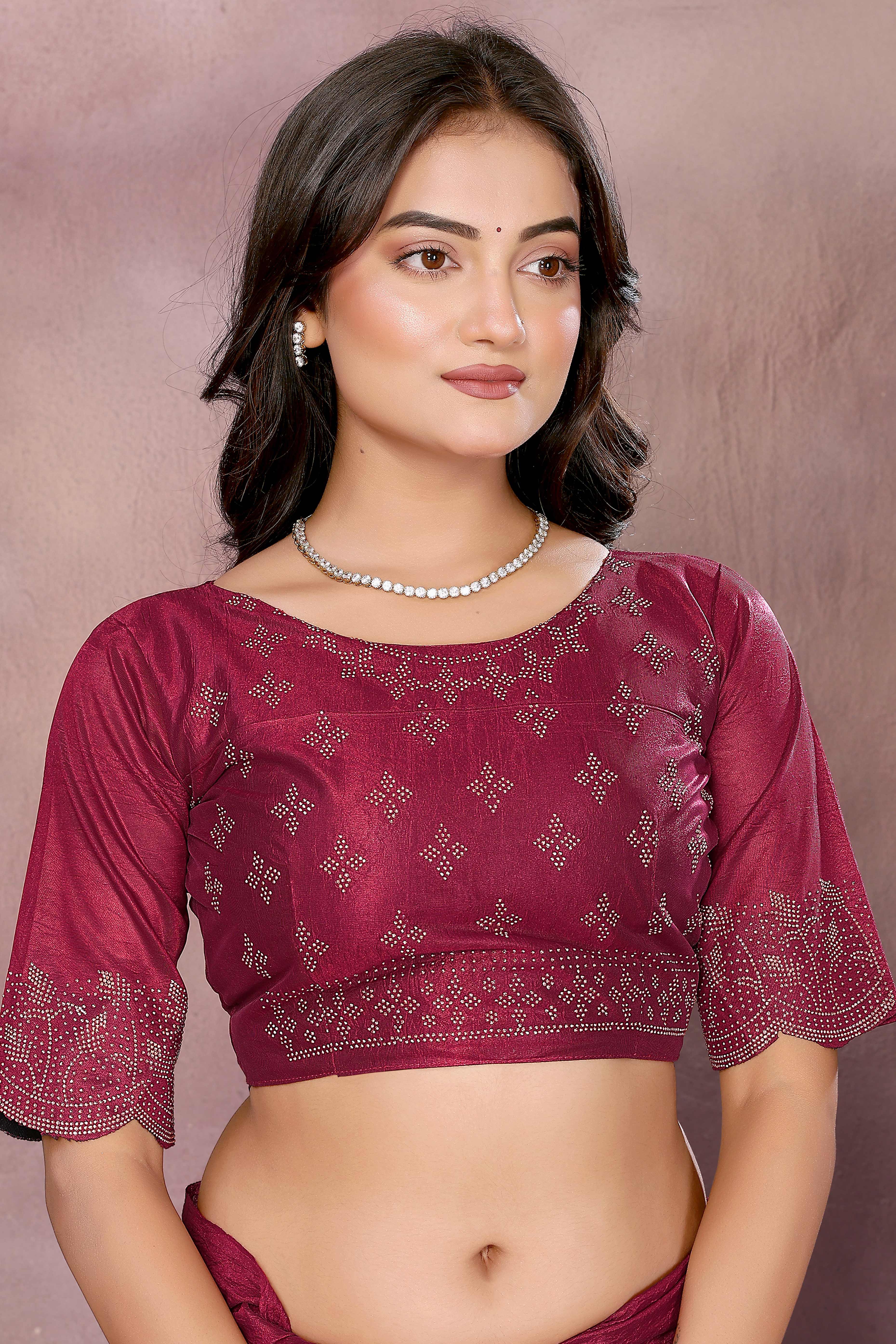 Party Ready Wine Imported Lycra Saree with Glittering Stone Embroidery