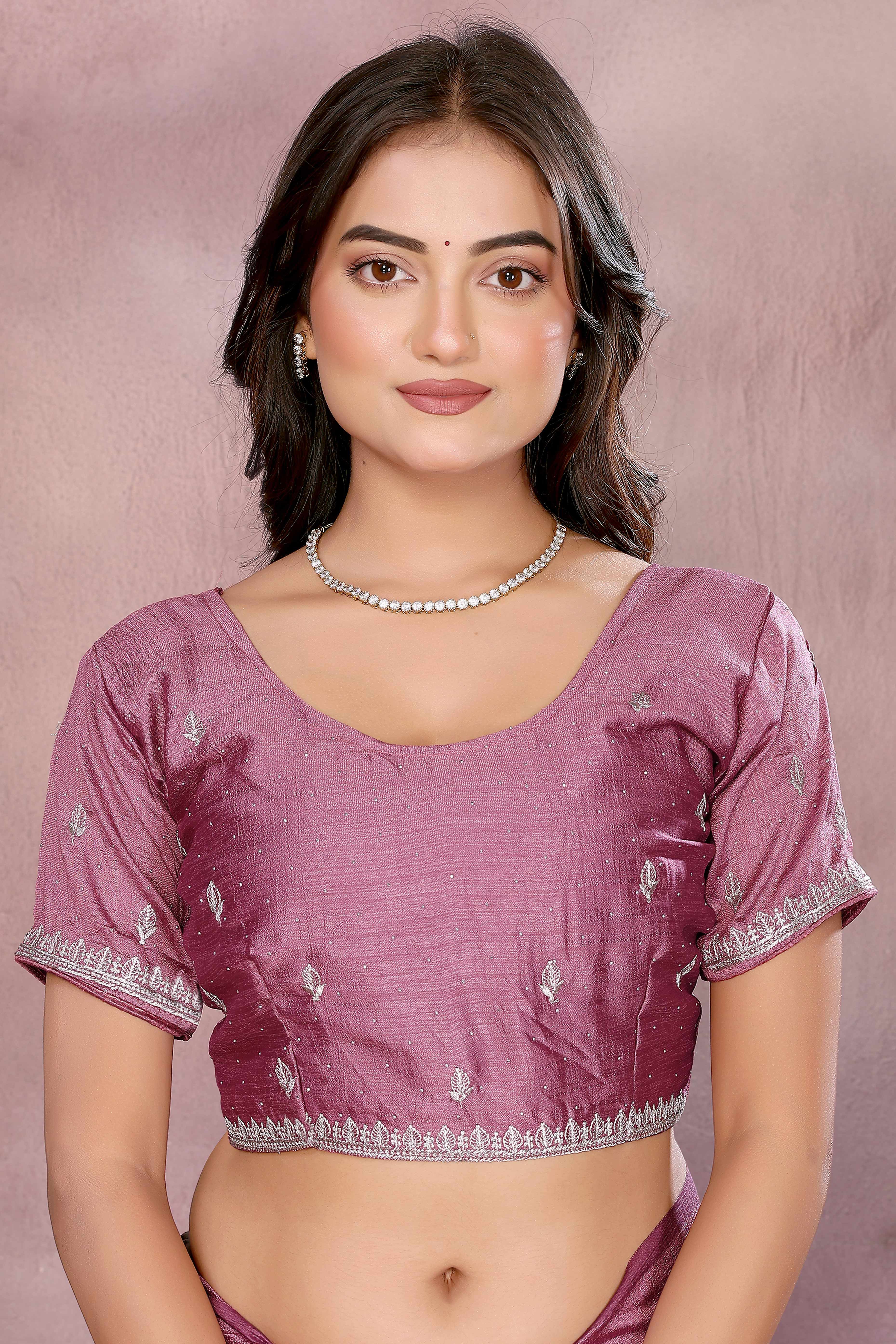 Modern Light Mauve Embroidered Vichitra Silk Saree for Weddings and Festive Occasions