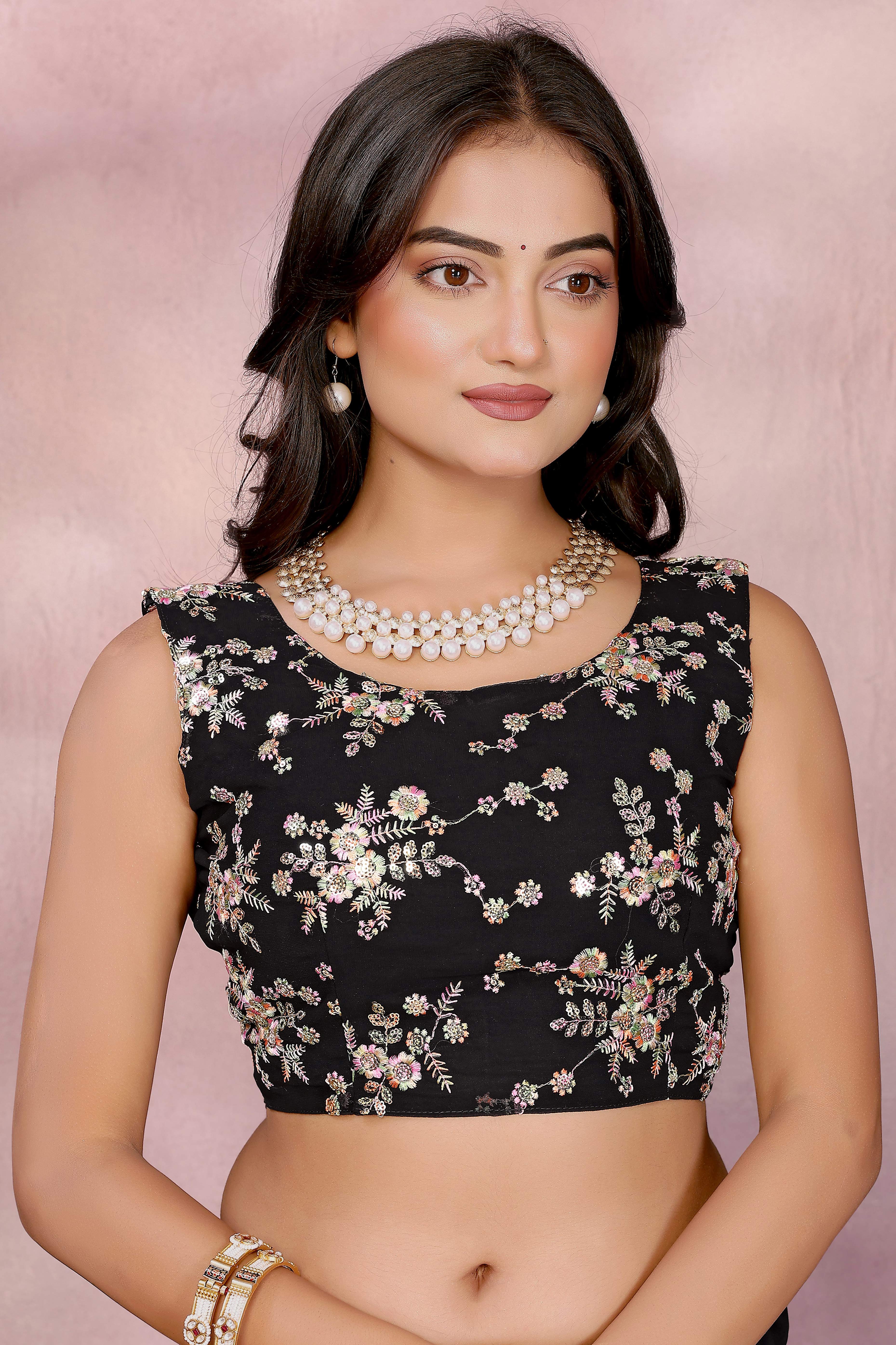 Sophisticated Black Party Wear Saree in Georgette Fabric With Embellished Blouse