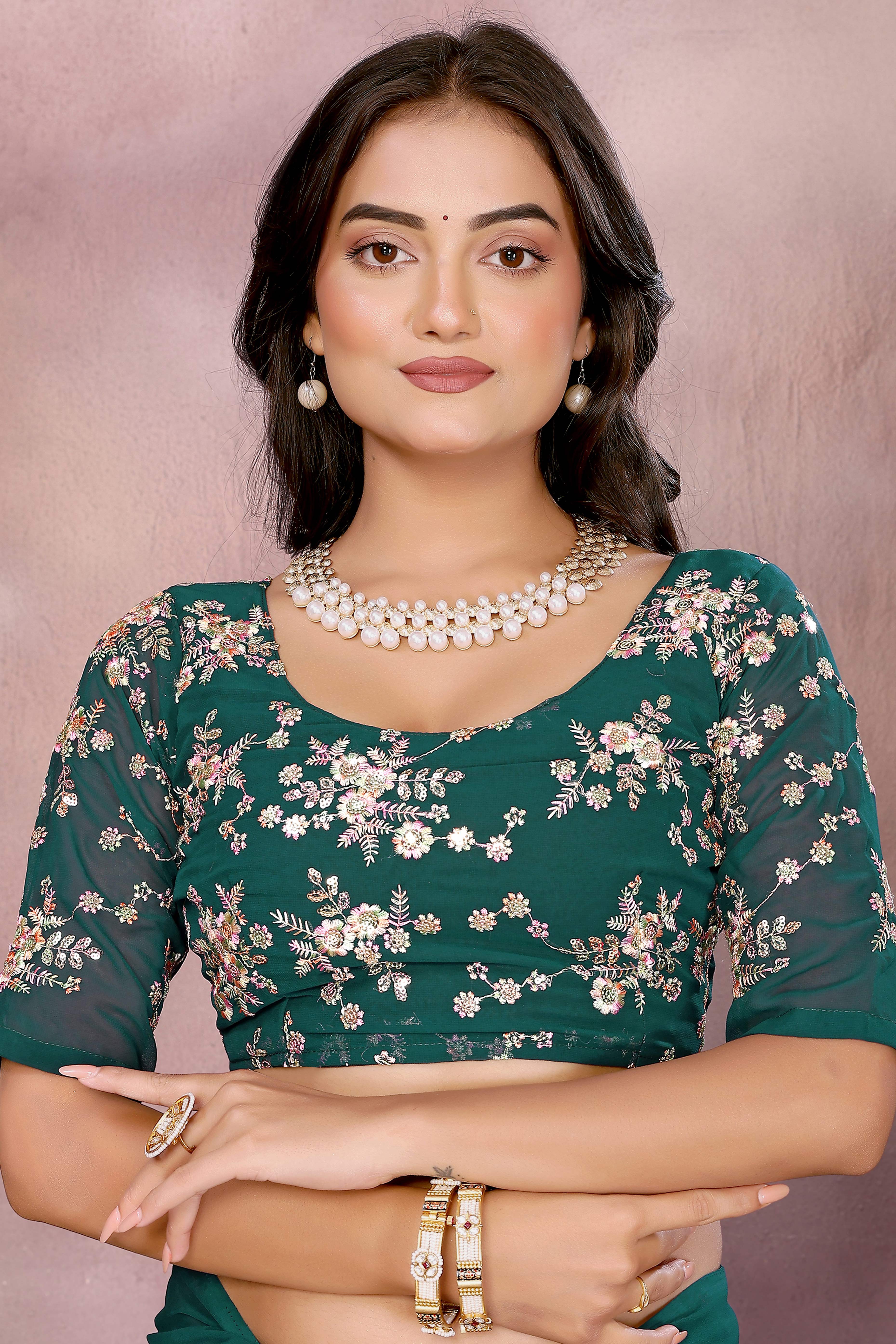 Sophisticated Morpich Green Party Wear Saree in Flowing Georgette Fabric With Embellished Blouse