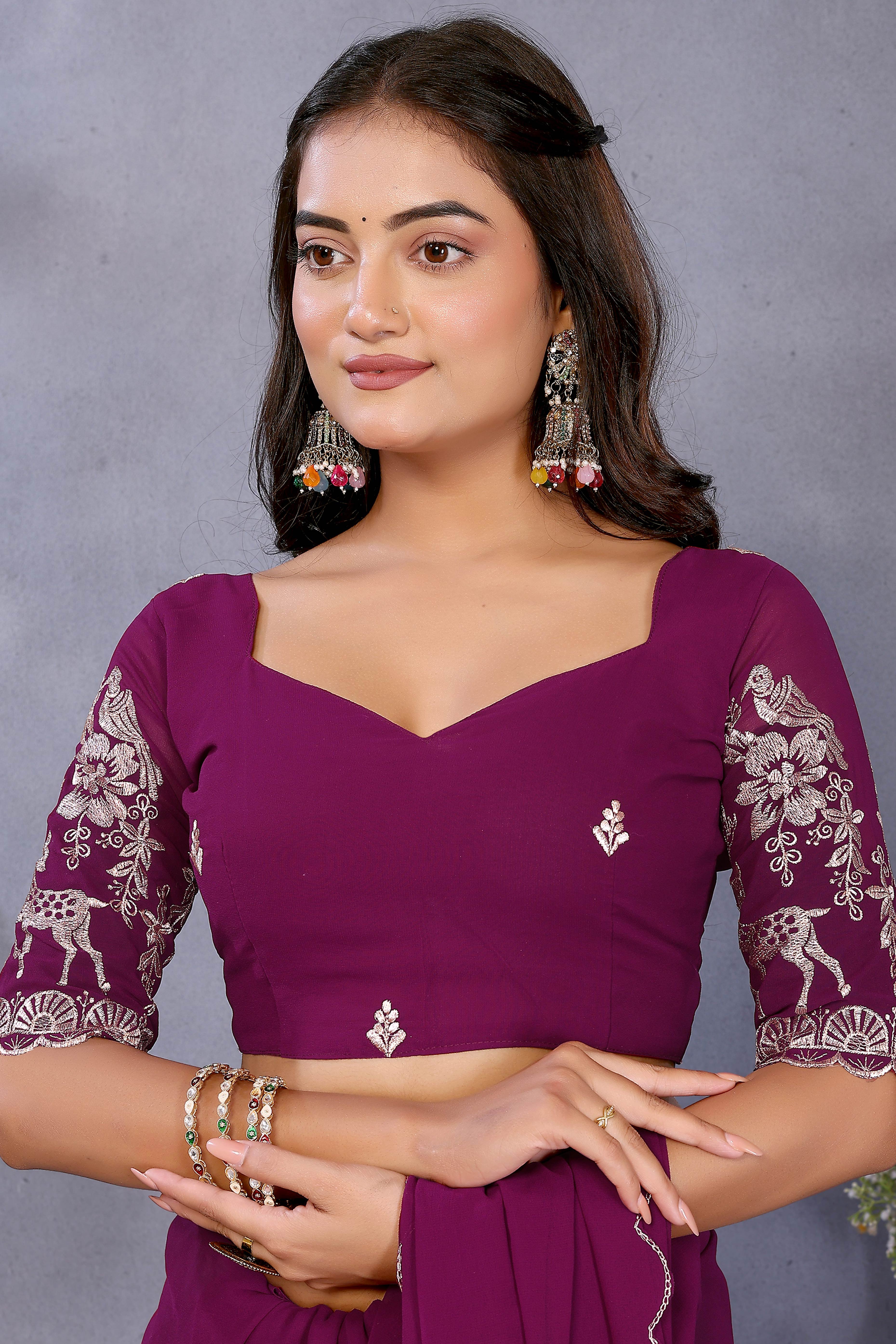 Sophisticated Purple Party Wear Saree in Flowing Georgette Fabric With Embellished Blouse