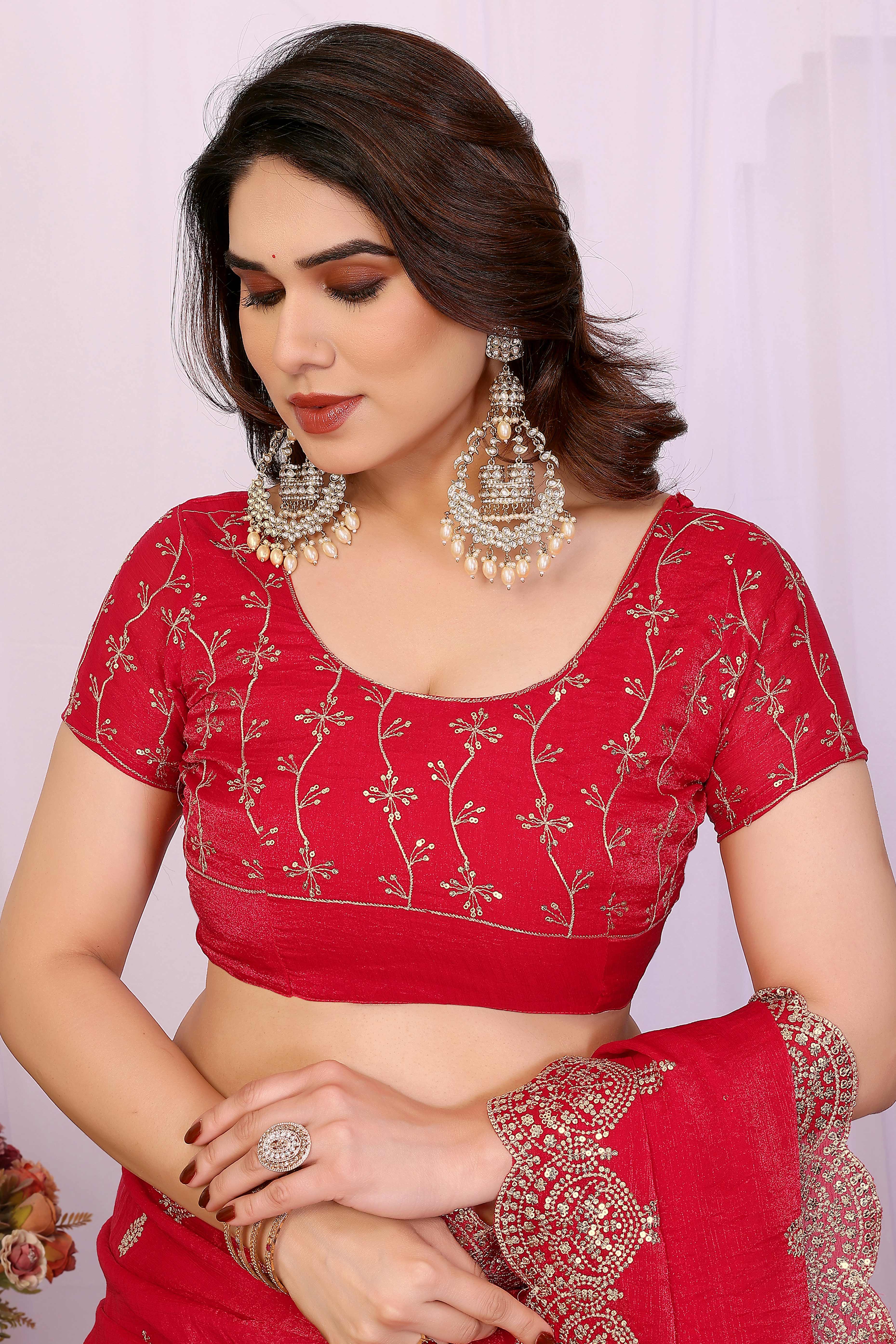 Red Sequins Work Embroidered Chiffon Saree Elegant Partywear