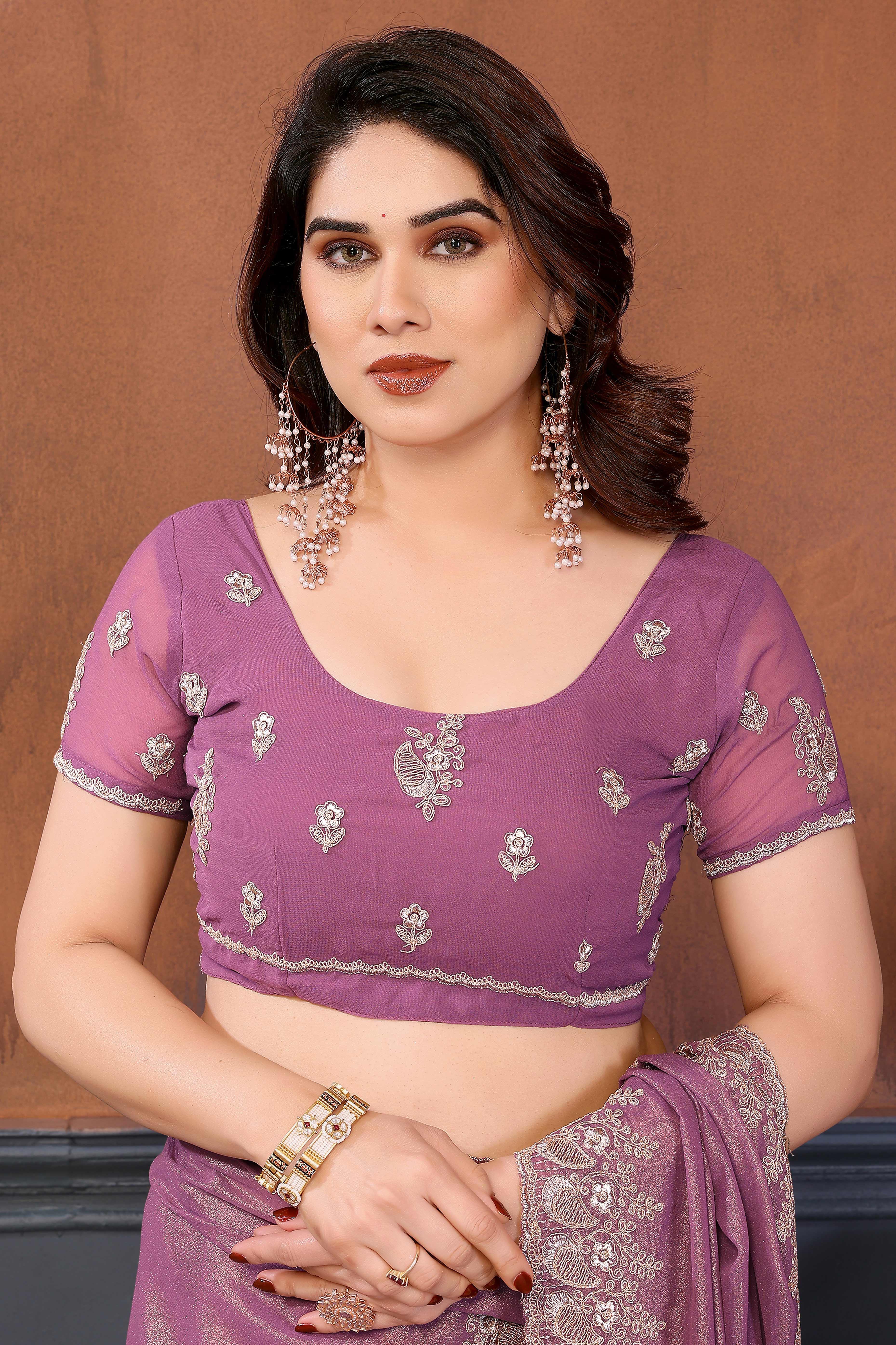 Mauve Thread Work Embroidered Georgette Partywear Saree with Intricate Detailing
