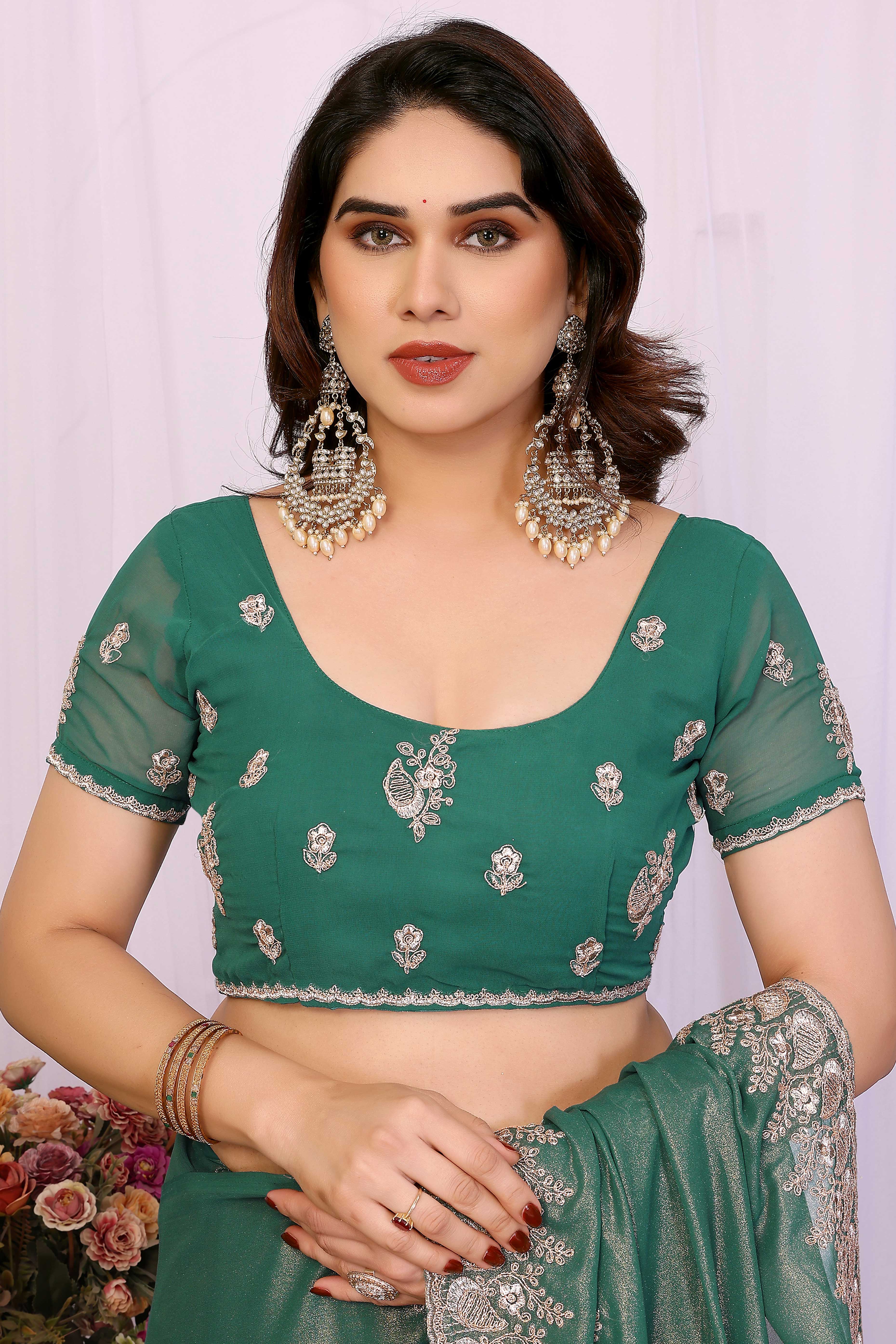 Green Thread Work Embroidered Georgette Saree Elegant Partywear with Fine Embroidery