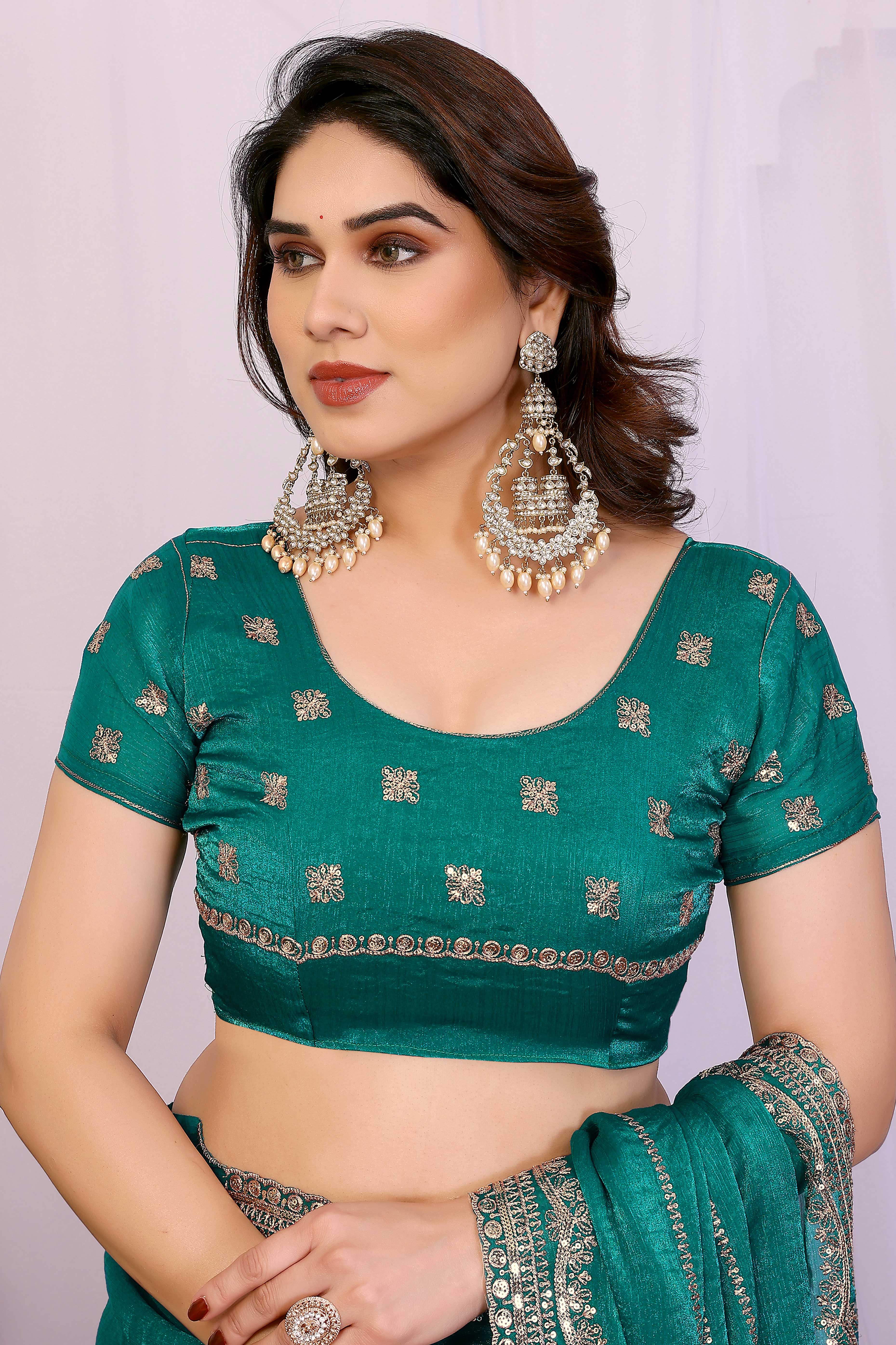Rama Green Sequins Work Embroidered Chiffon Partywear Saree with Stylish Shimmer Finish