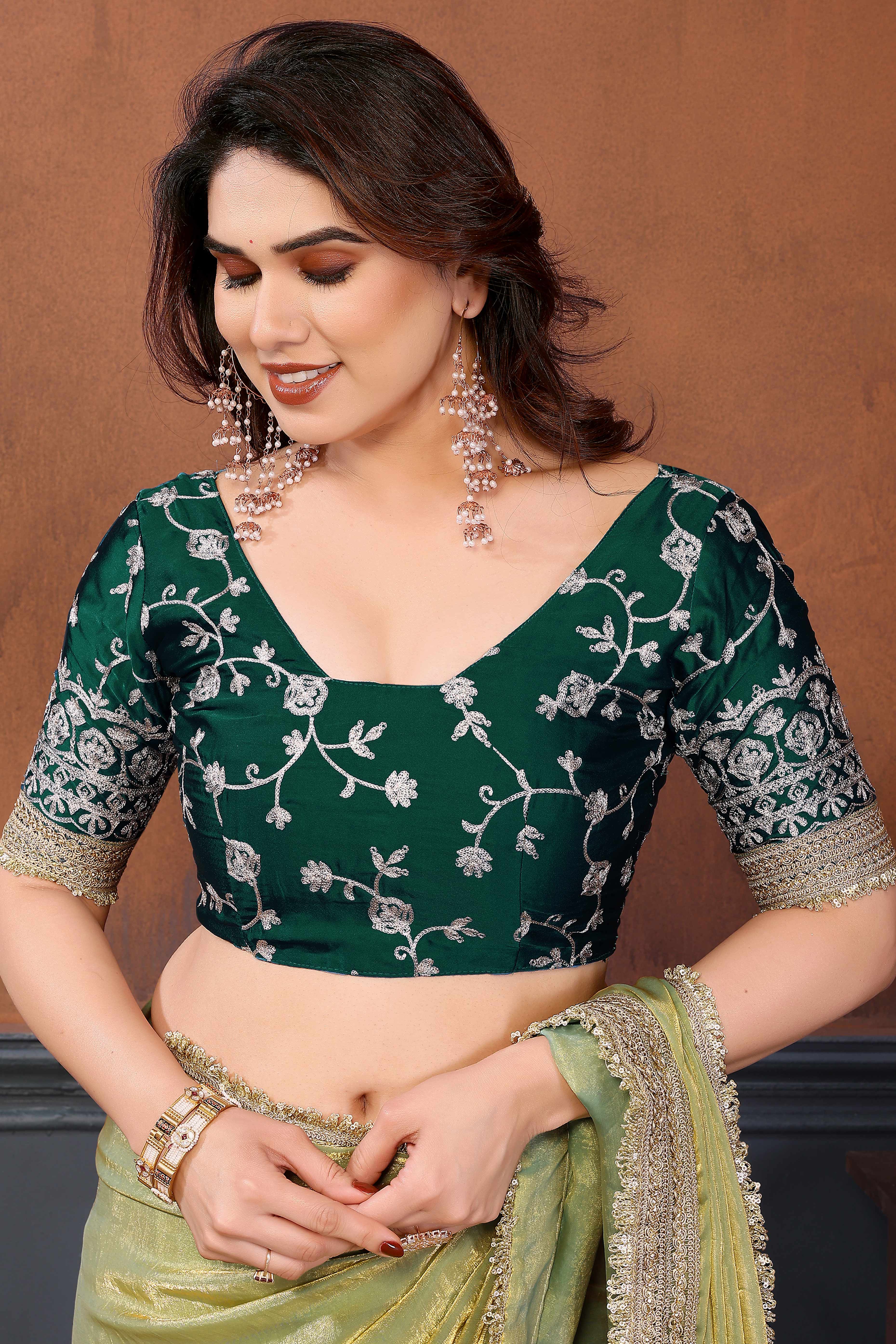 Mint Green Solid Satin Saree with Sequins Work Embroidery Elegant Partywear Drape