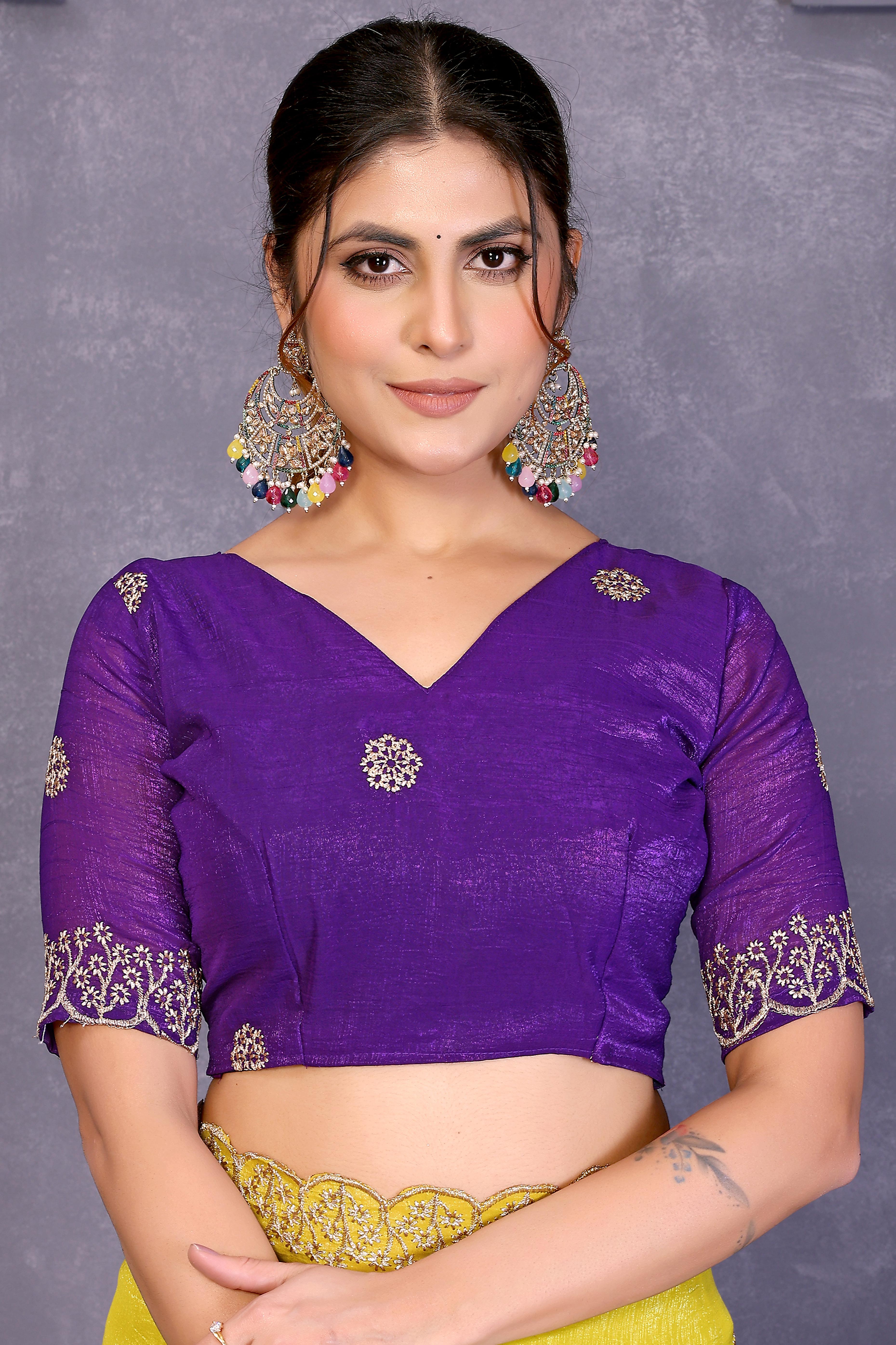 Yellow Designer Crunchy Saree Enhanced with Delicate Thread Work Embroidery