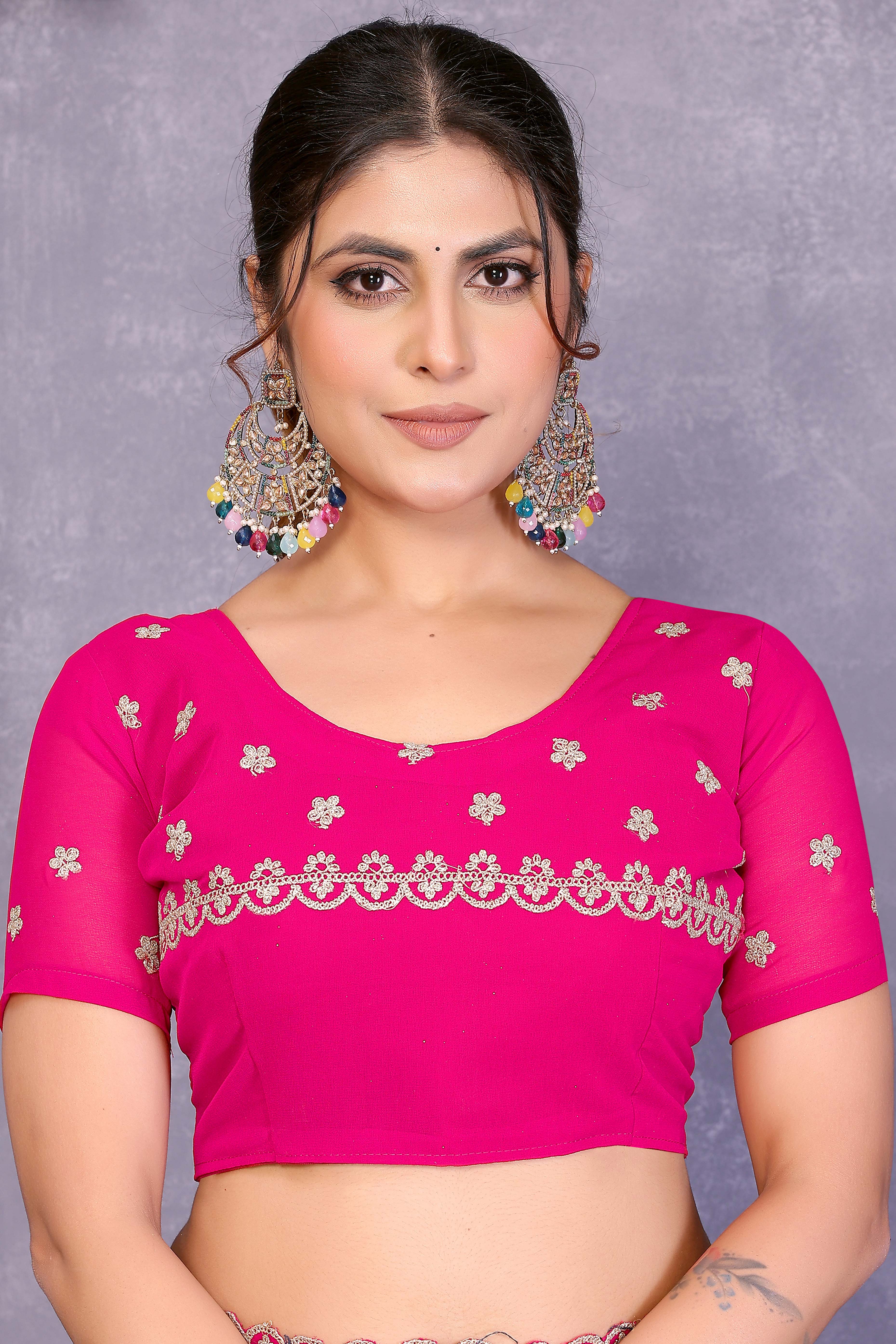 Pink Designer Georgette Saree Enhanced with Delicate Thread Work Embroidery