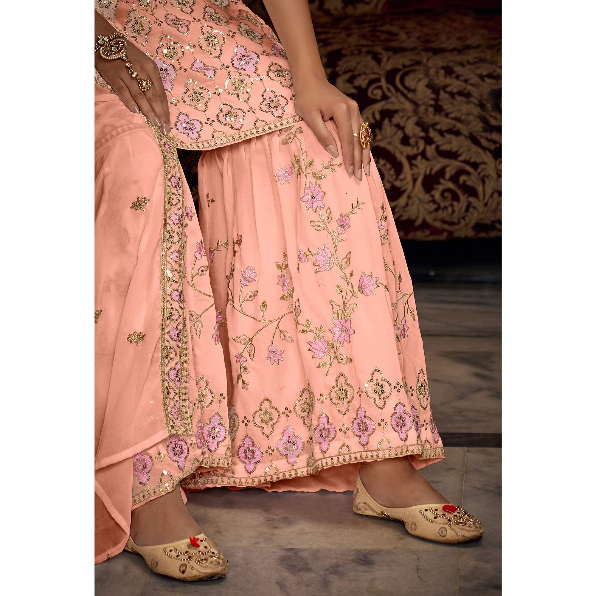 Peach Sequins Embroidered Georgette Semi Stitched Suit