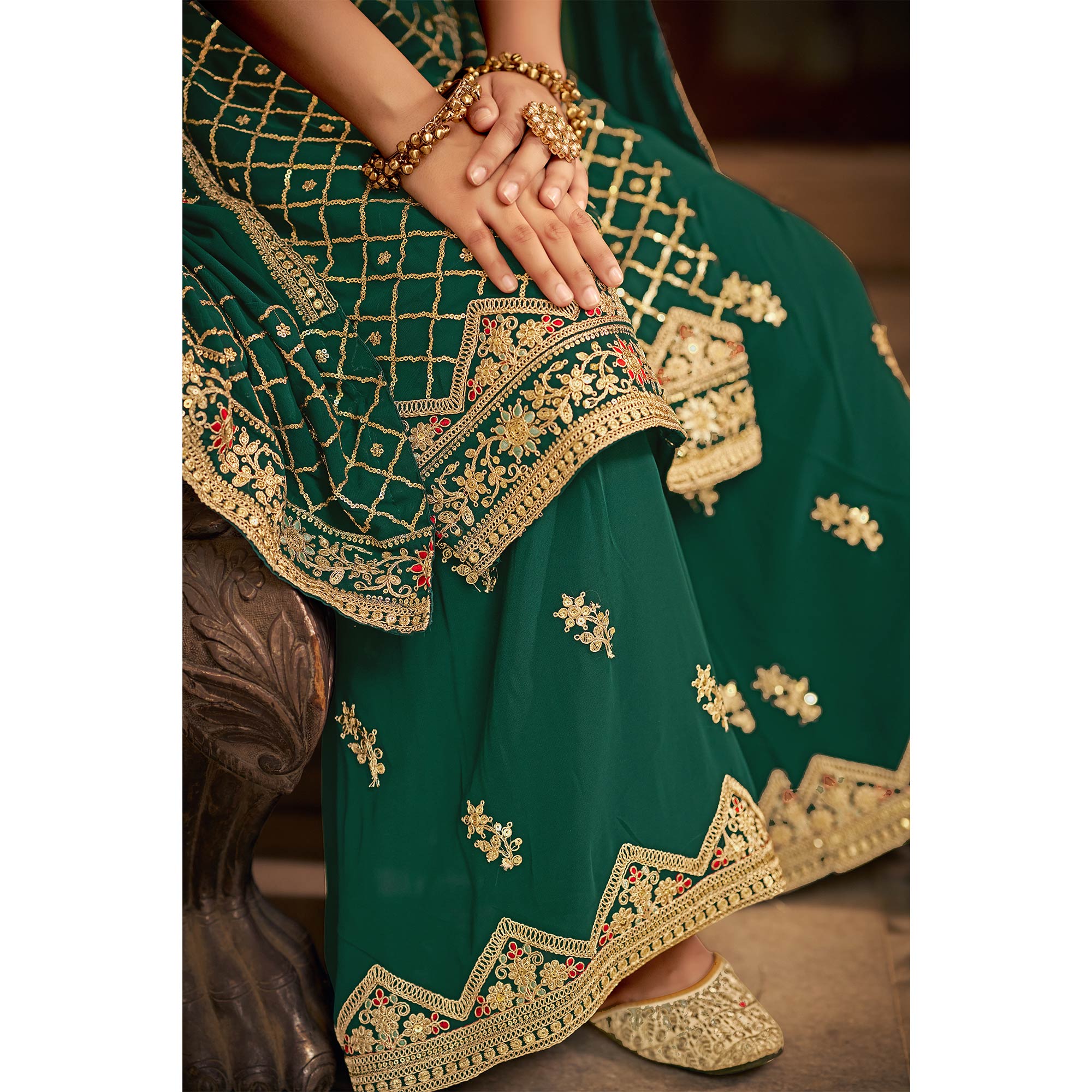 Green Sequins Embroidered Chinon Semi Stitched Suit