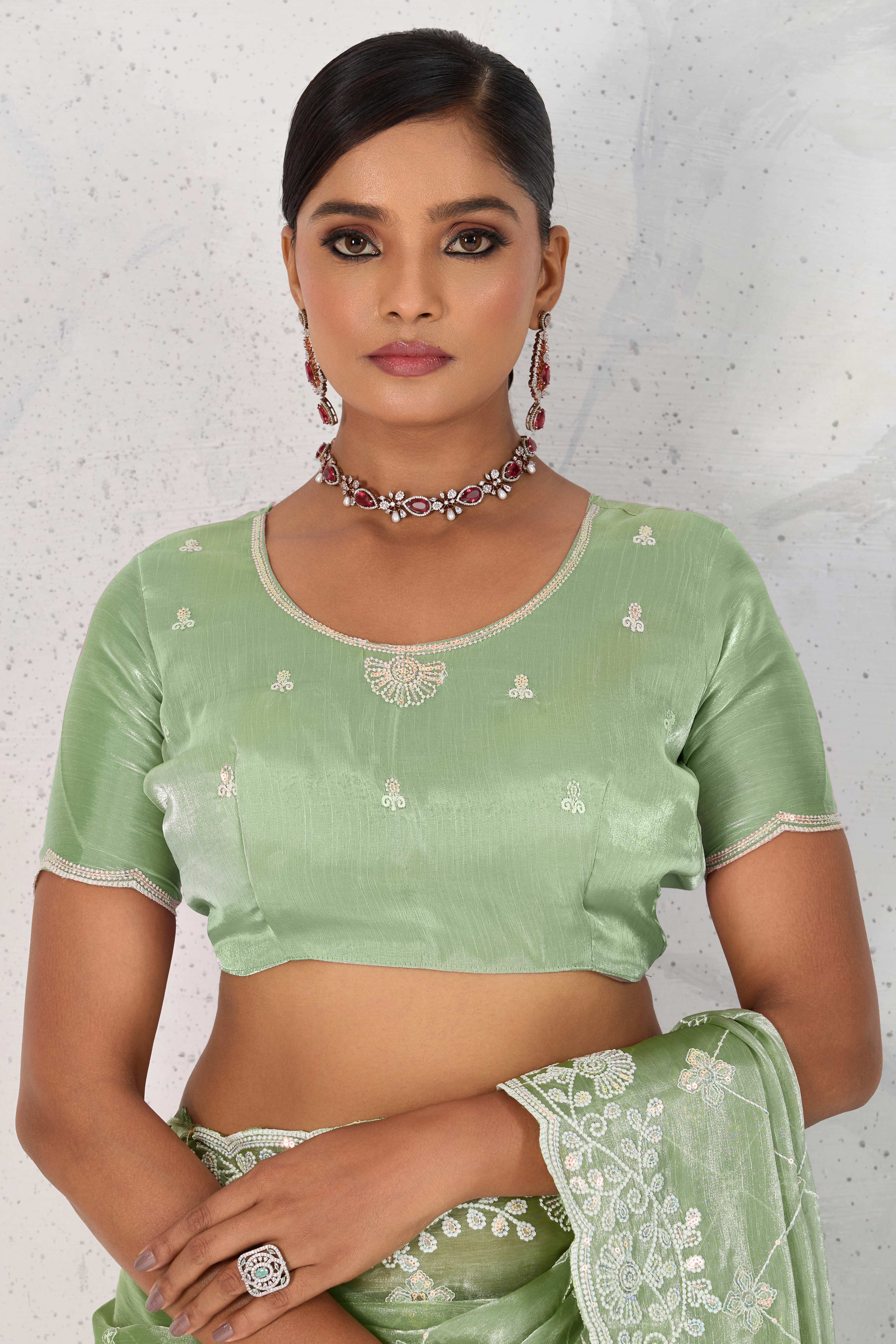 Green Silk Saree with Dazzling Sequin Embroidery